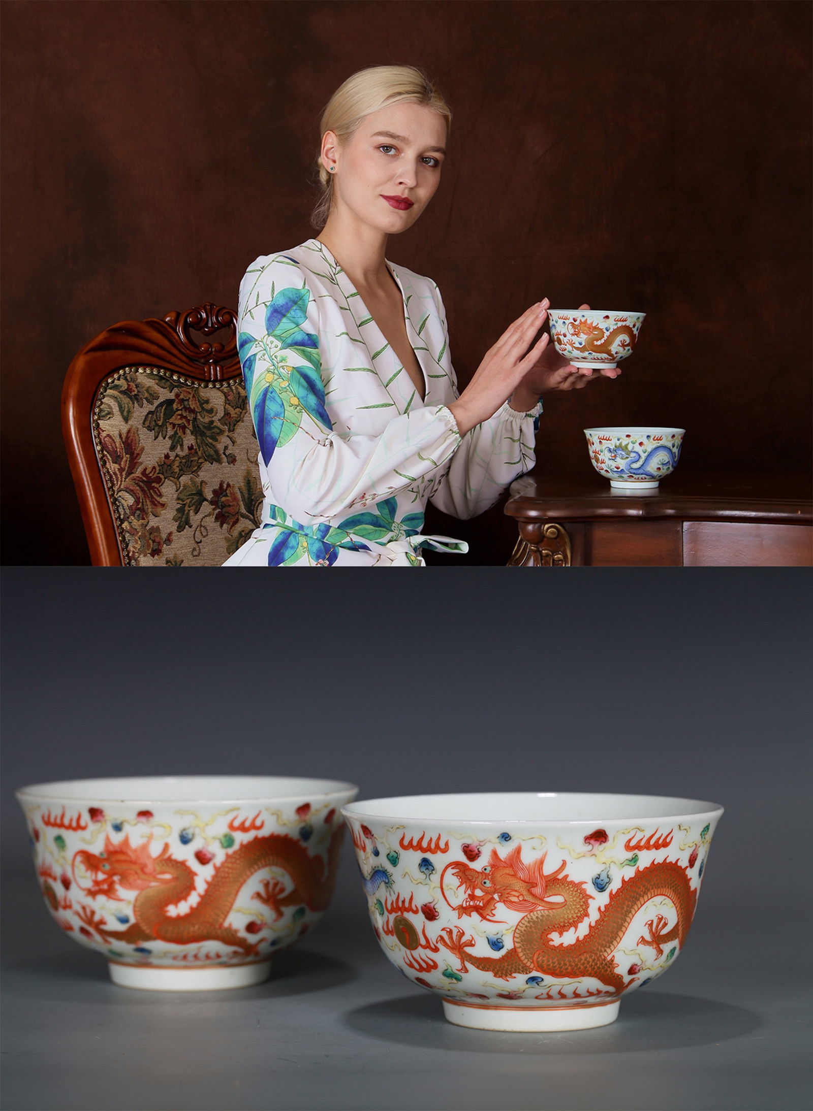 A PAIR OF FAMILLE-ROSE BOWLS: A pair of famille-rose bowls decorated with dragon design.Diameter 15 cm, Height 7 cm.Note: By repute, from a Grandfather's collection of Asian Art.