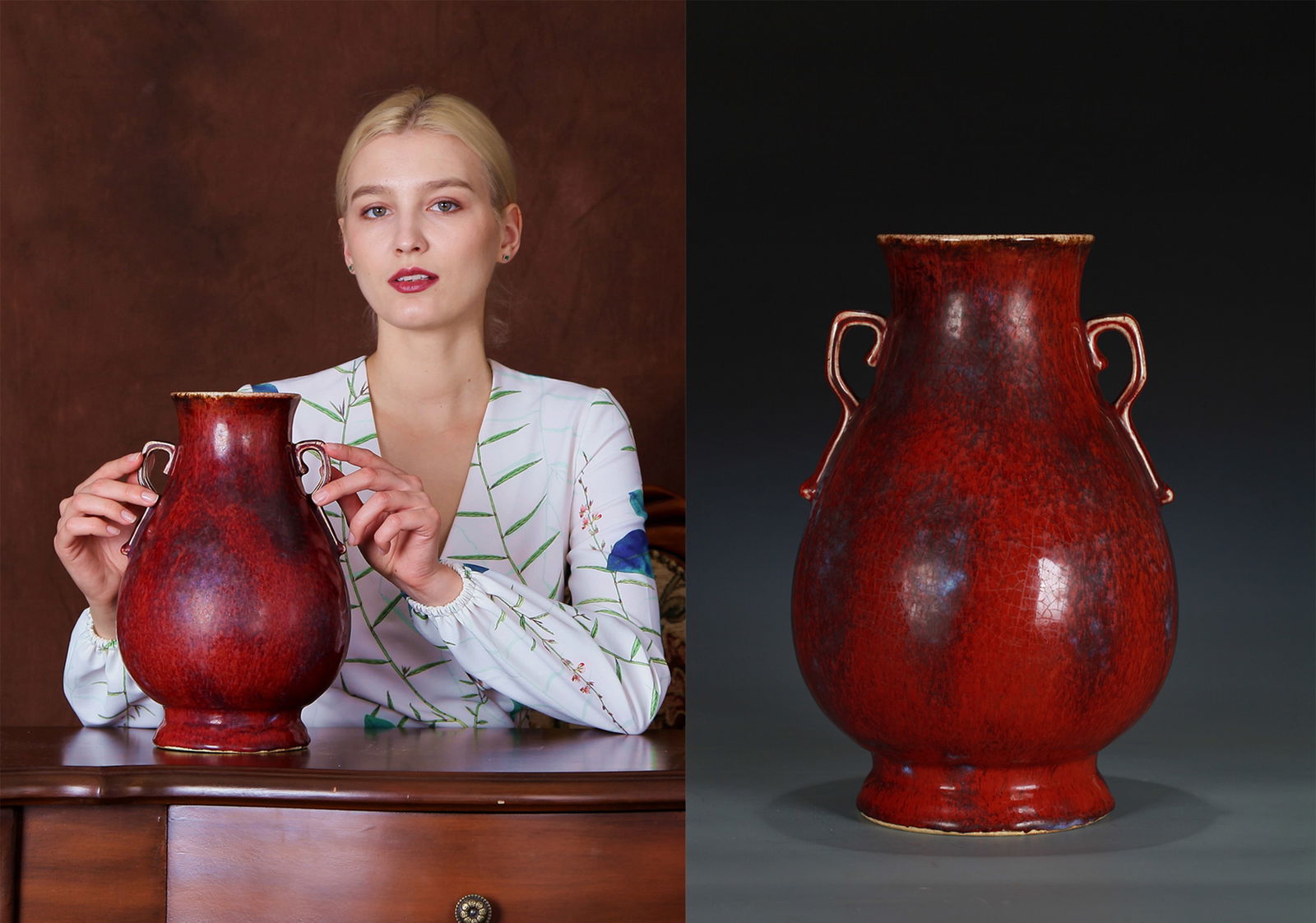 A FLAMBE-GLAZED VASE: A flambe-glazed Zun vase with double handles.Height 30 cm.Note: By repute, from a Grandfather's collection of Asian Art.