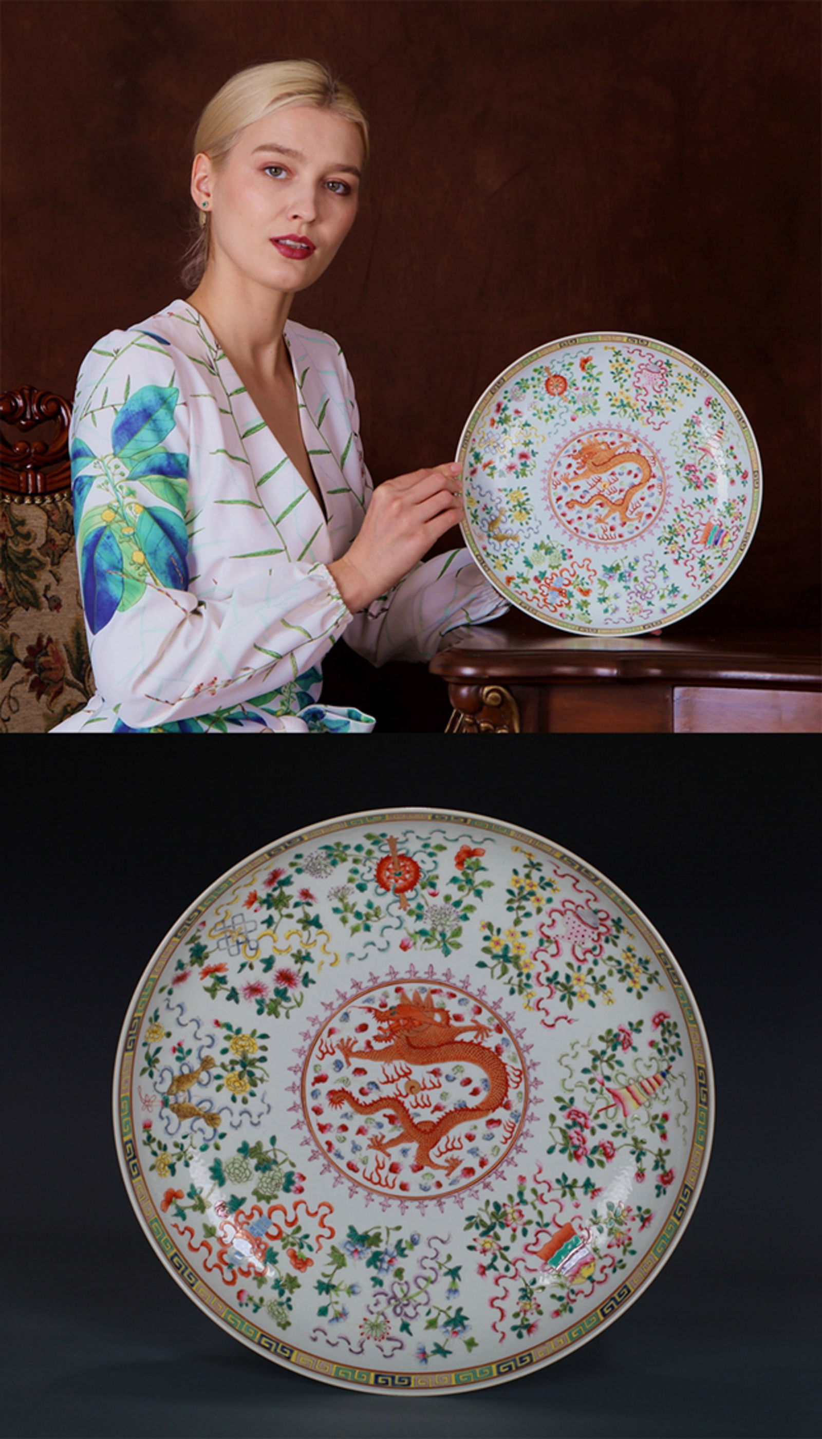 A FAMILLE-ROSE DISH: A famille-rose dish decorated with dragon and Eight Buddhist Emblems.Diameter 30 cm.Note: By repute, from a Grandfather's collection of Asian Art.