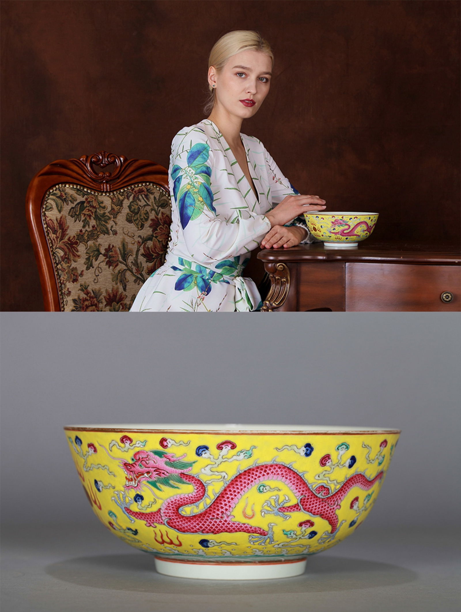 A YELLOW-GROUND FAMILLE-ROSE BOWL: A large yellow-ground famille-rose bowl decorated with dragon and phoenix design.Diameter 20 cm, Height 9 cm.Note: By repute, from a Grandfather's collection of Asian Art.