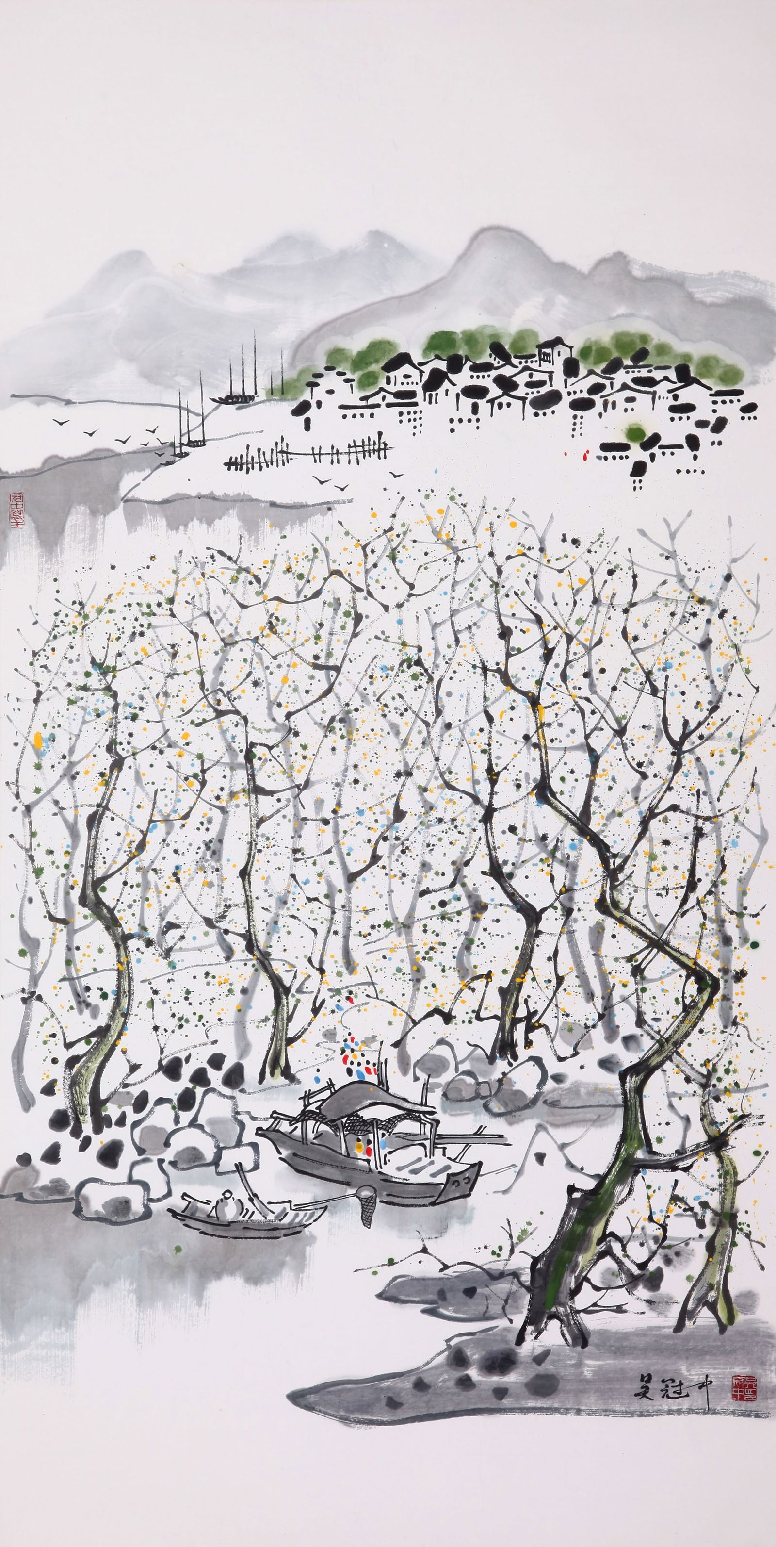WU GUANZHONG, ATTRIBUTED TO, SPRING BREEZE IN JIANGNAN, HANGING SCROLL: Attributed to Wu Guanzhong. Spring Breeze in Jiangnan. Ink and color on paper, hanging scroll.137 x 69 cm.Condition: Creases and stains on the mounting and the painting.
