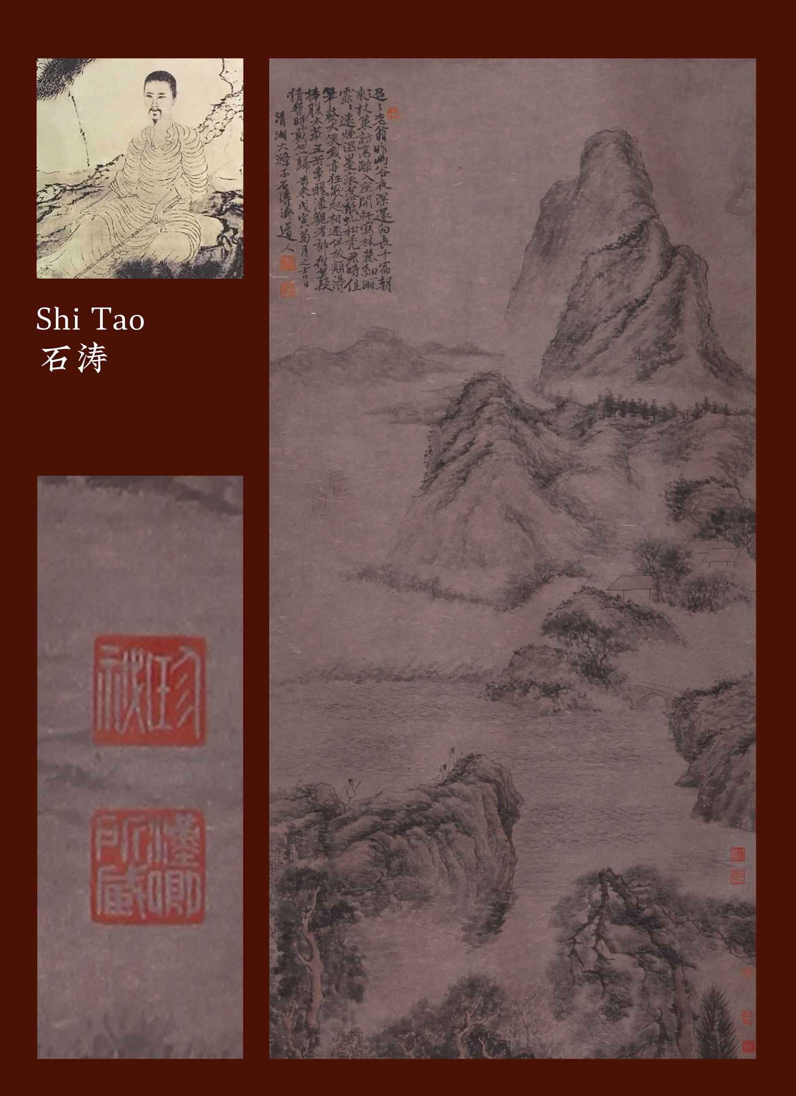 SHI TAO, ATTRIBUTED TO, SCHOLAR IN MOUNTAIN AND STREAM, HANGING SCROLL: Attributed to Shi Tao. Scholar in Mountain and Stream. Ink on paper, hanging scroll. 139 x 67 cm. Condition: Creases, stains and yellow spots on the mounting and the painting. Note: By repute, from th
