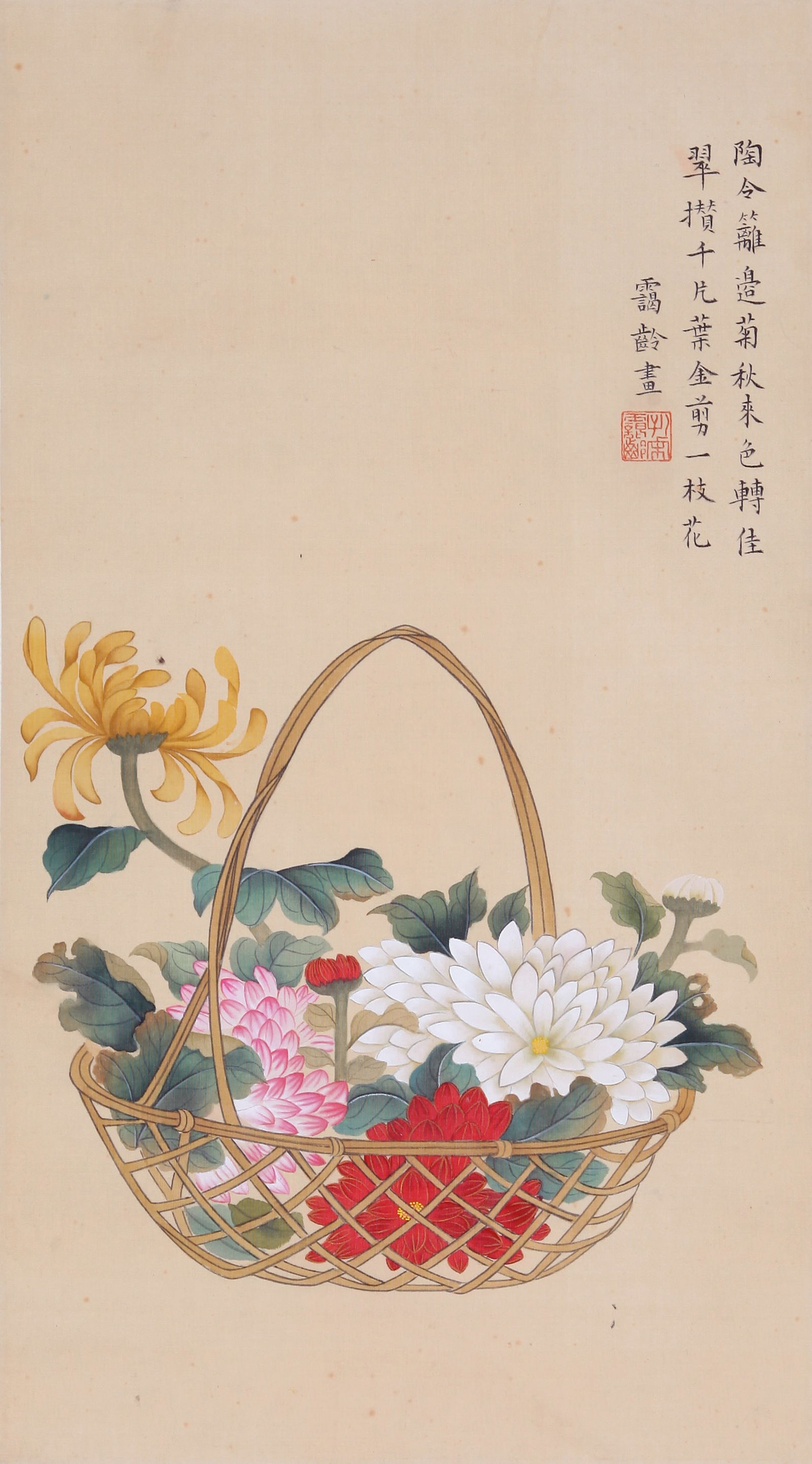 SONG AILING, ATTRIBUTED TO, FLOWERS, HANGING SCROLL: Attributed to Song Ailing. Flowers. Ink and color on silk, hanging scroll.51 x 28 cm.Condition: Creases, stains and yellow spots on the mounting and the painting.