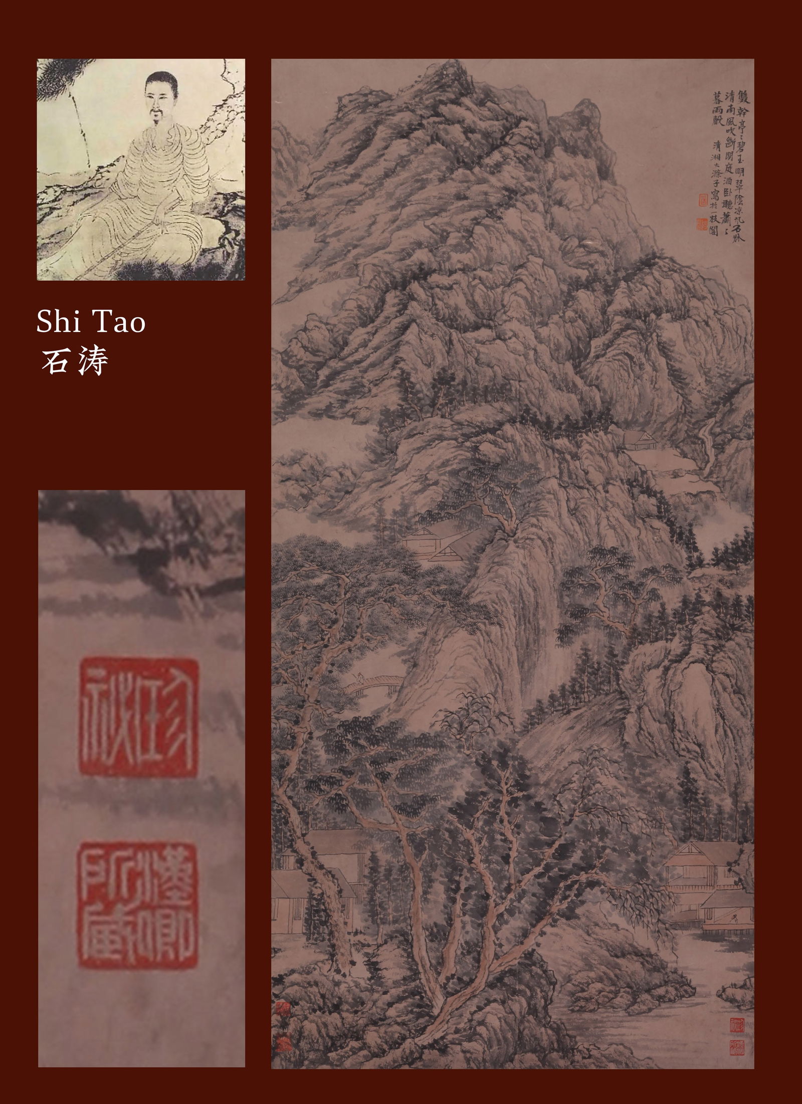SHI TAO, ATTRIBUTED TO, LIVING IN THE MOUNTAINS, HANGING SCROLL: Attributed to Shi Tao. Living in the Mountains. Ink on paper, hanging scroll. 138 x 67.5 cm. Condition: Creases, stains and yellow spots on the mounting and the painting. Note: By repute, from the col