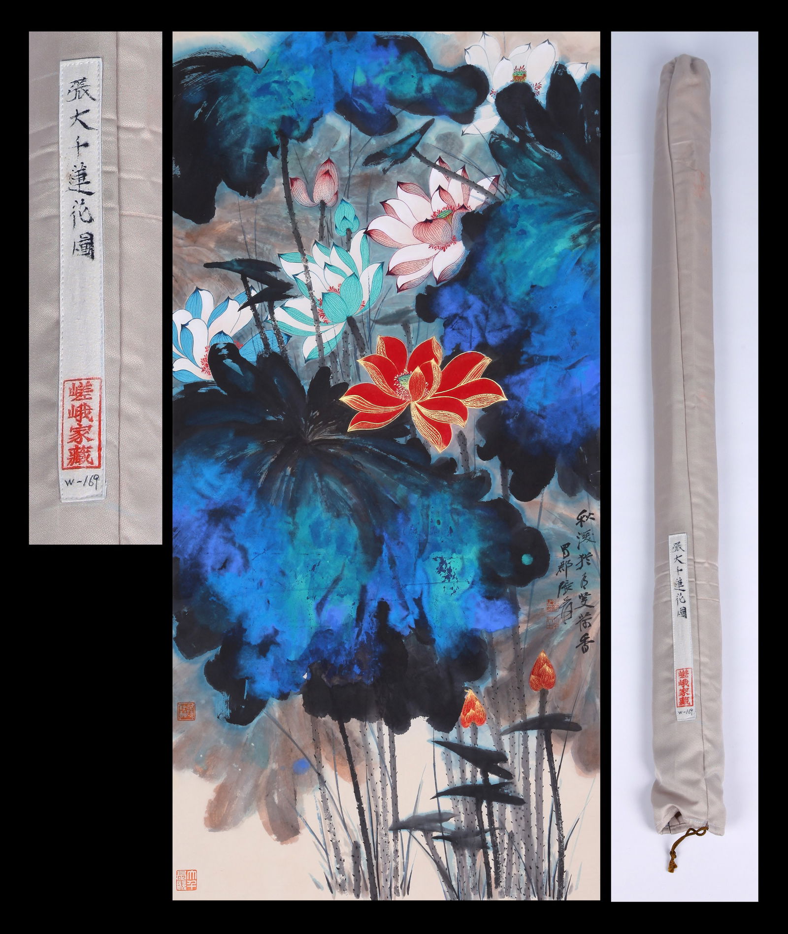 ZHANG DAQIAN (CHANG DAI-CHIEN), ATTRIBUTED TO, WUCAI LOTUS, HANGING SCROLL: Attributed to Zhang Daqian (Chang Dai-chien). Five-color (Wucai) Lotus. Ink and color on paper, hanging scroll.135 x 68 cm.Note: By repute, from the collection of the Saga family of Japan.