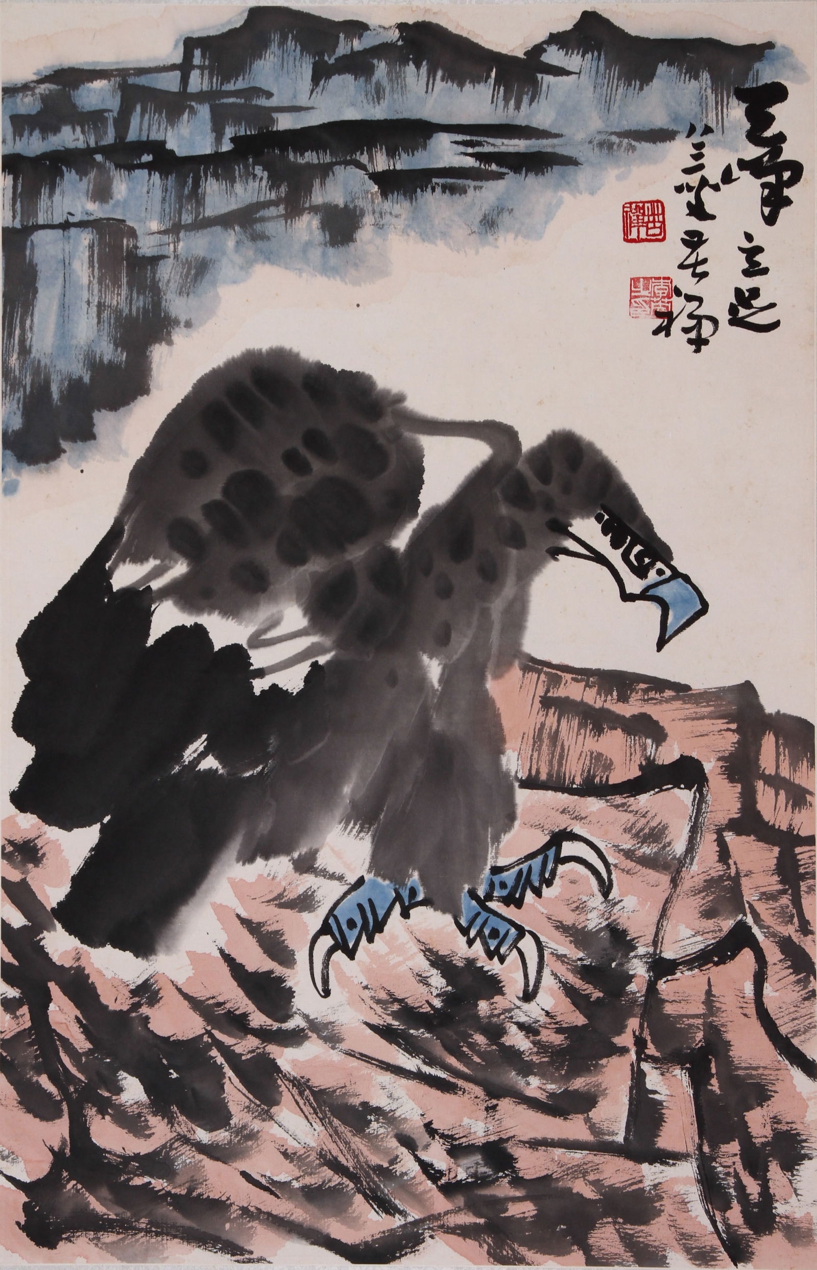 LI KUCHAN, ATTRIBUTED TO, EAGLE AND ROCK, MOUNTED FOR FRAMING: Attributed to Li Kuchan. Eagle and Rock. Ink and color on paper, mounted for framing.69 x 45 cm.Condition: Creases on the mounting and the painting.