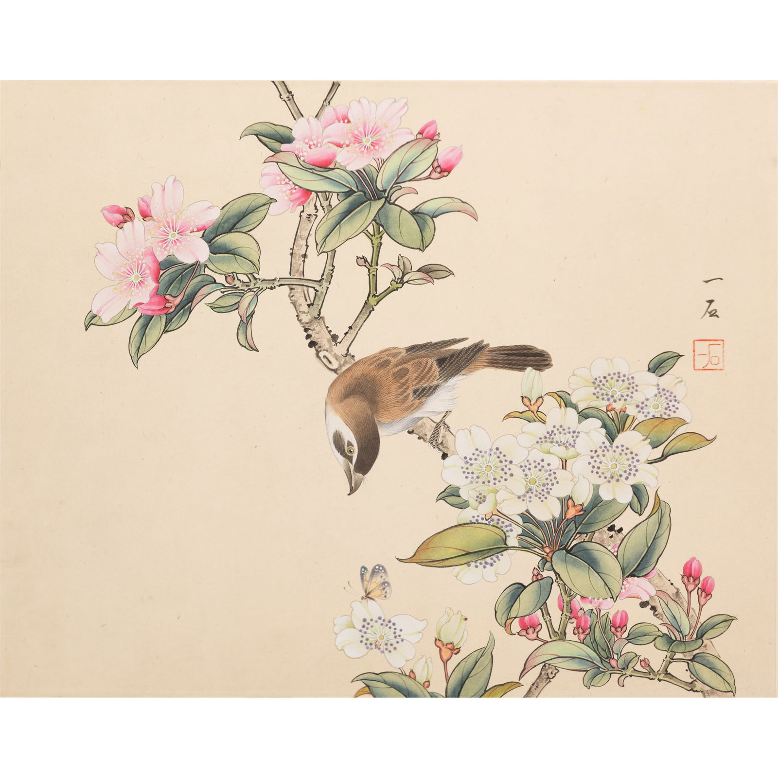 GROUP OF TWO CHINESE PAINTINGS: Chinese painting of the great wall, 14.56"h x 16.14"w (37 x 41 cm) Yi Shi, flower and bird, ink and color on paper, mounted, singed with a red seal, 12.99"h x 16.33"w (33 x