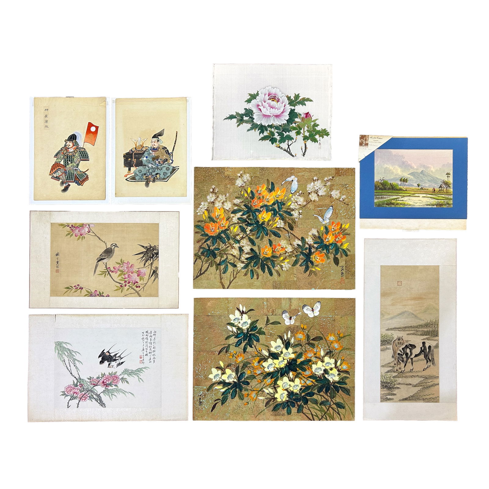 GROUP OF NINE CHINESE AND JAPANESE PAINTINGS, 19TH/20TH CENTURY: (lot of 9) Group of Chinese and Japanese paintings, 19th/20th century, two painted on silk and seven on paper.Largest: 18.11"h x 24.21"w (46 x 61.5 cm)Provenance: Property from an estate in