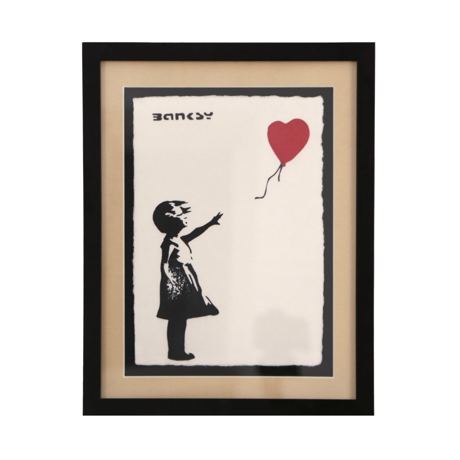BANKSY (B. 1974), ATTRIBUTED TO, "GIRL WITH BALLOON", STENCIL SPRAY ON PAPER: The work presents a silhouette of a young girl extending her arm toward a floating heart-shaped balloon. Executed in flat black stencil, the figure is rendered with minimal detail. The red heart ballo