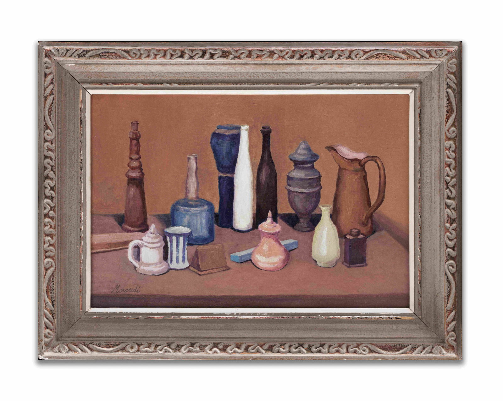 GIORGIO MORANDI (1890-1964), ATTRIBUTED TO, OIL ON CANVAS: The composition presents a grouping of bottles, vessels, and small objects arranged across a tabletop, rendered through tonal transitions and articulated contours. Muted hues of beige and earthen tone