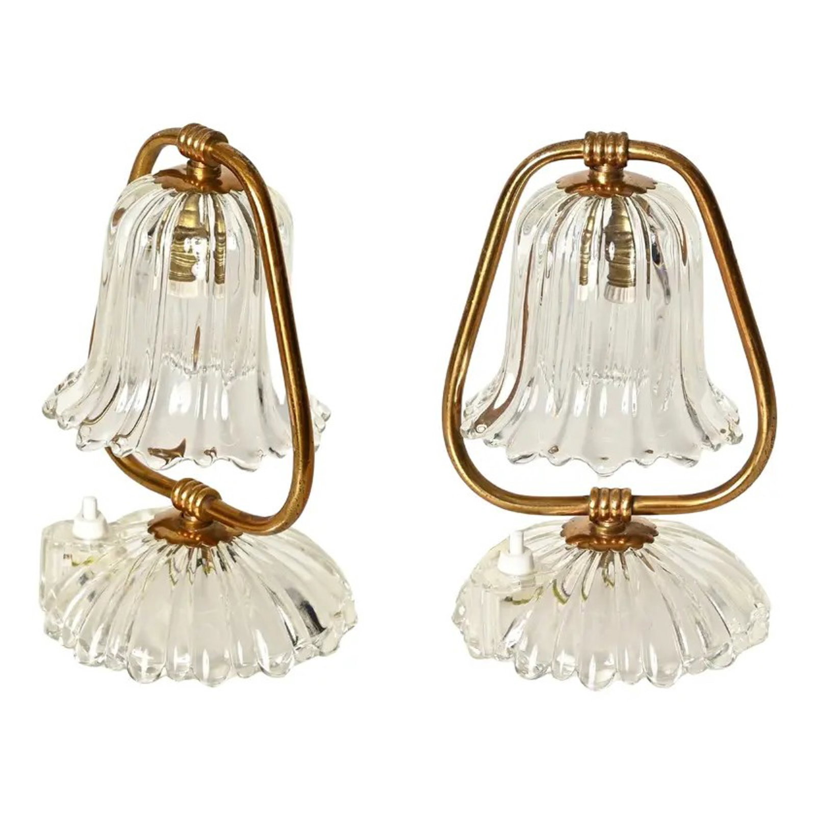 VINTAGE STYLE GILT METAL AND MOLDED GLASS TABLE LAMPS: Each lamp features a bell-shaped molded glass shade with vertical ribbing, supported within a gilt metal frame. The base mirrors the shade in material and form, composed of a matching ribbed glass ele
