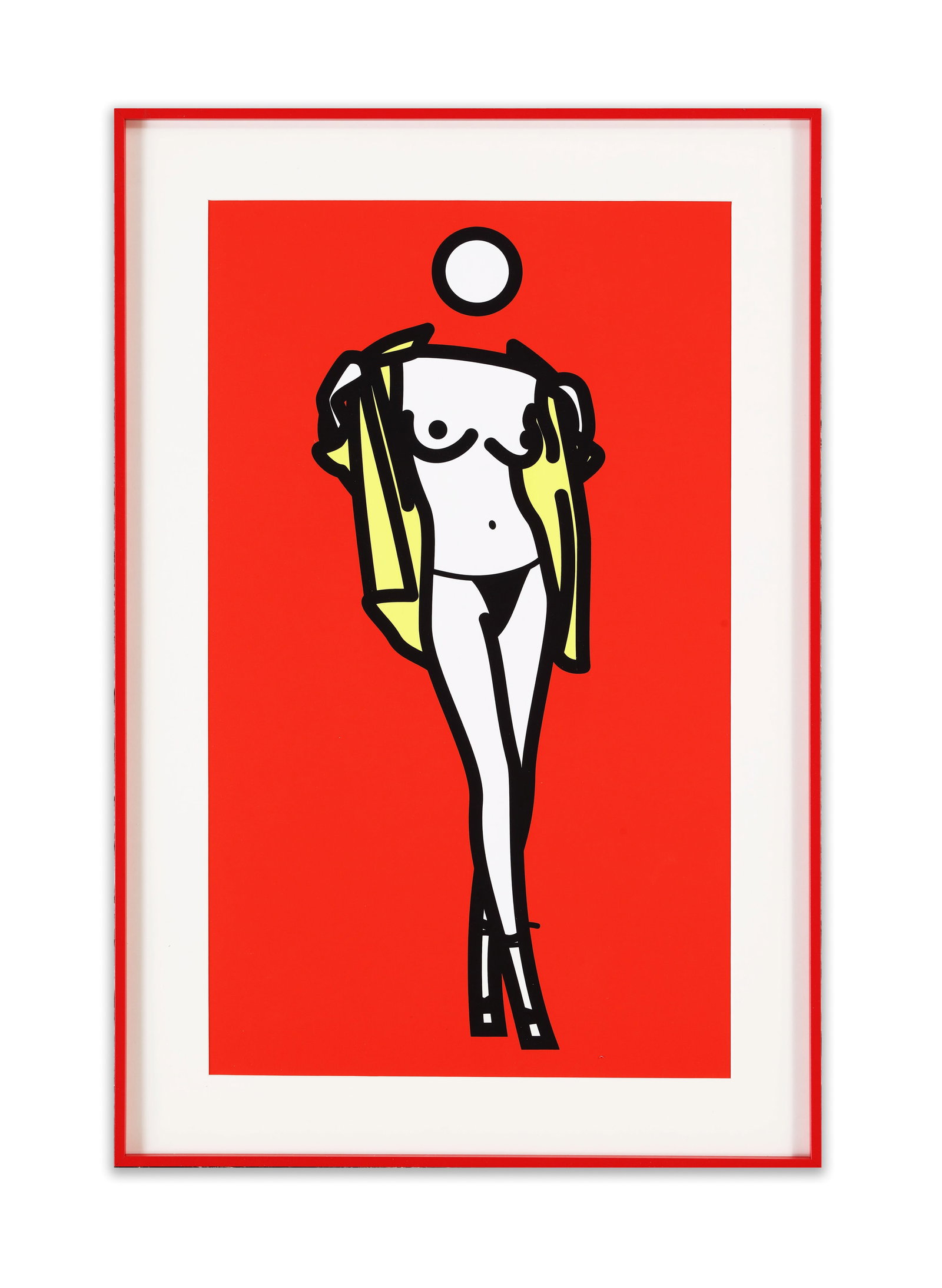 JULIAN OPIE, ATTRIBUTED TO, "STANDING NUDE WITH JACKET, RED BACKGROUND": The composition presents a simplified standing figure rendered with bold black outlines against a solid red background. The figure is depicted wearing an open yellow jacket, reflecting a minimalist fi