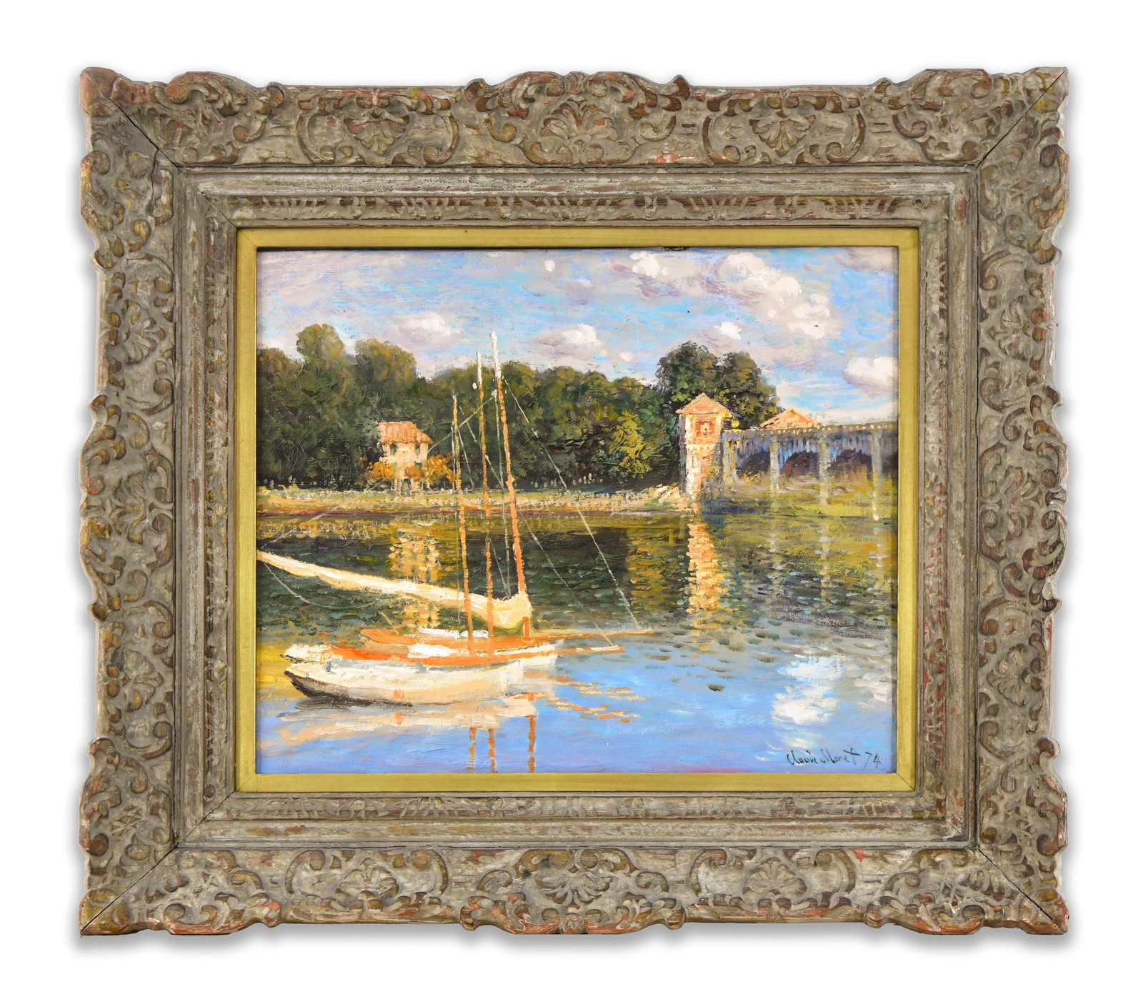 CLAUDE MONET (1840-1926), ATTRIBUTED TO, OIL ON CANVAS: The work presents a riverside scene centered on a sailboat resting on calm water, with reflections of sky and greenery. The water is treated with layered, horizontal brushstrokes in tones of blue, gre