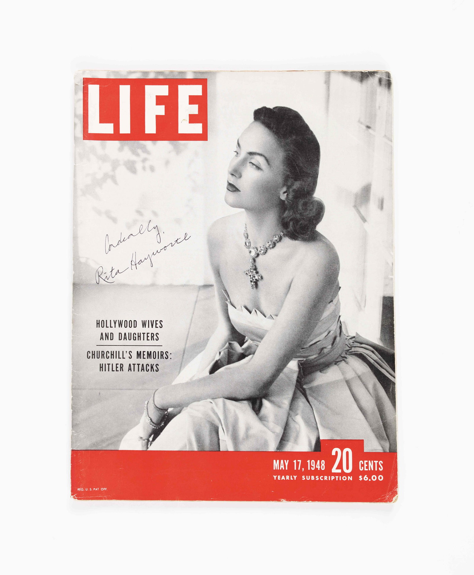 LIFE MAGAZINE (MAY 17, 1948) BEARING SIGNATURE ATTRIBUTED TO RITA HAYWORTH: A copy of "LIFE" magazine dated May 17, 1948, featuring a cover portrait of Rita Hayworth. The cover features an inscription and the name attributed to 'Rita Hayworth' in dark ink.