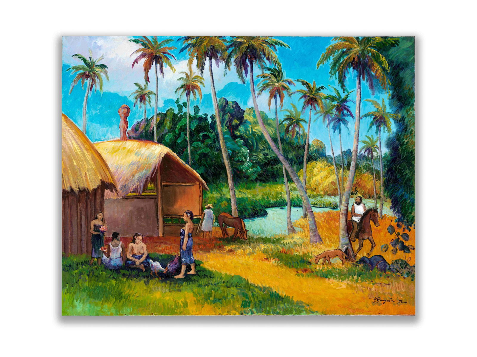 PAUL GAUGUIN (1848-1903), ATTRIBUTED TO, OIL ON CANVAS: The composition unfolds as a tropical vignette with a thatched-roof dwelling set against a turquoise sky. A gathering of figures animate the scene, while expressive brushwork compresses the landscape