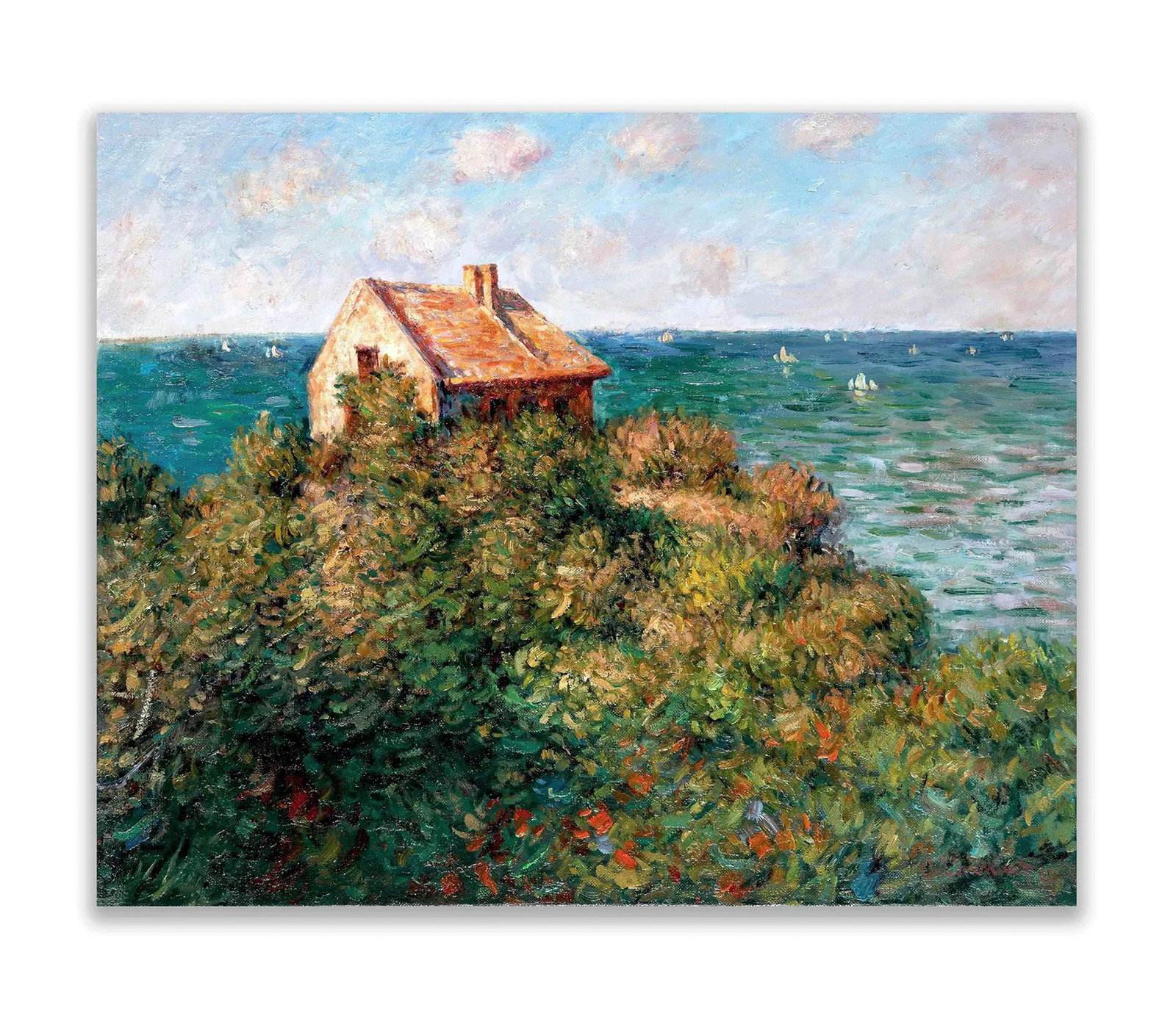 CLAUDE MONET (1840-1926), ATTRIBUTED TO, OIL ON CANVAS: The composition depicts a solitary house set atop an elevated landscape overlooking a body of water. The brushwork is expressive, with layered strokes conveying the vitality of foliage. Color is appli