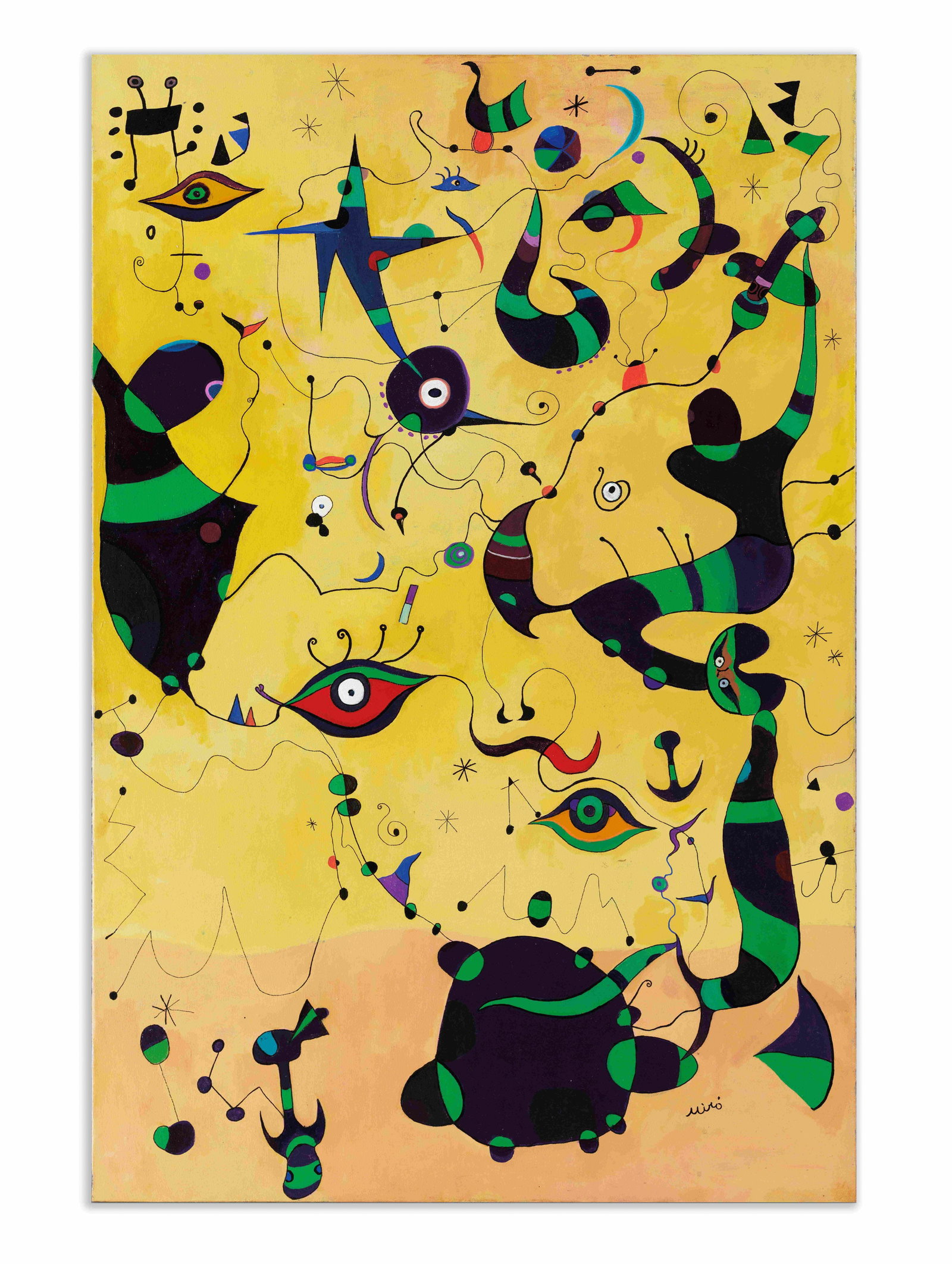 JOAN MIRO (1893-1983), ATTRIBUTED TO, OIL ON CANVAS: Executed against a yellow ground, the composition unfolds as a constellation of biomorphic shapes and calligraphic lines. Bold areas of black and green provide structural anchors. Dimensions: Image: 3