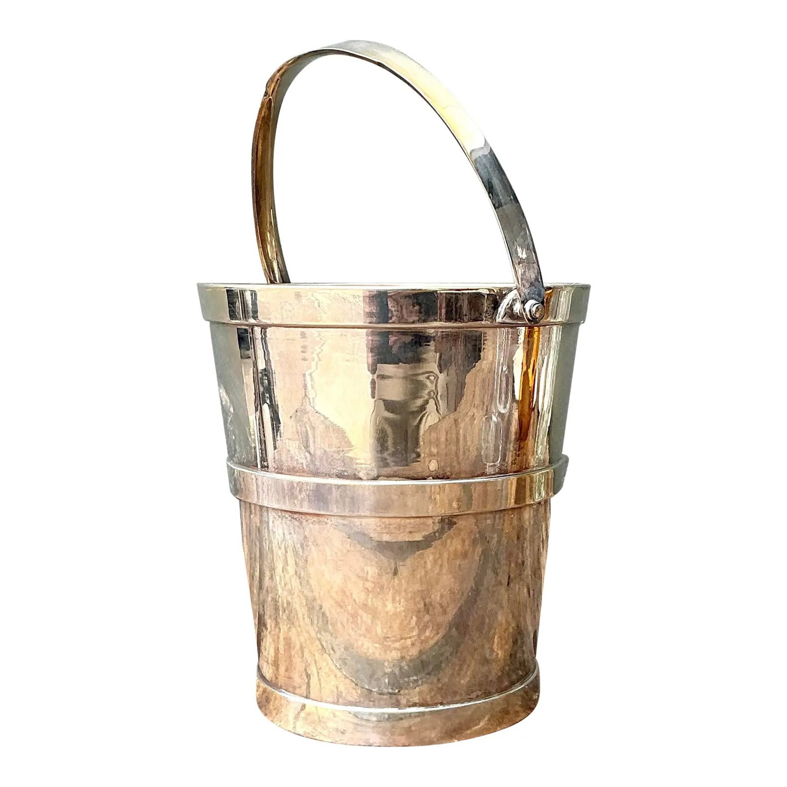 SILVER-PLATE WINE OR CHAMPAGNE BUCKET WITH SWING HANDLE: The vessel is designed in the form of a classic bucket with a tapered cylindrical body and reinforced bands. The surface displays a polished finish showing areas of patina consistent with age.