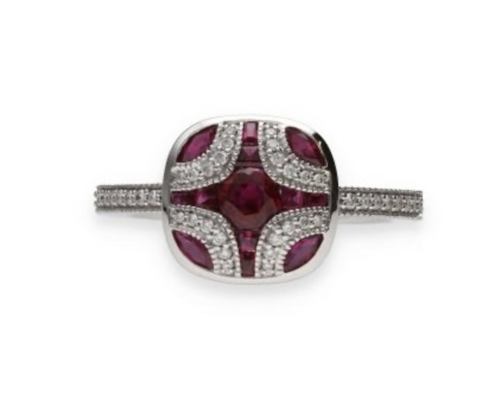 RUBY AND DIAMOND RING, WHITE GOLD: The ring features an intense red central ruby, accented by a geometric pattern of diamonds and 12 round rubies. The composition shows symmetrical lines in white gold, combining modern and vintage insp