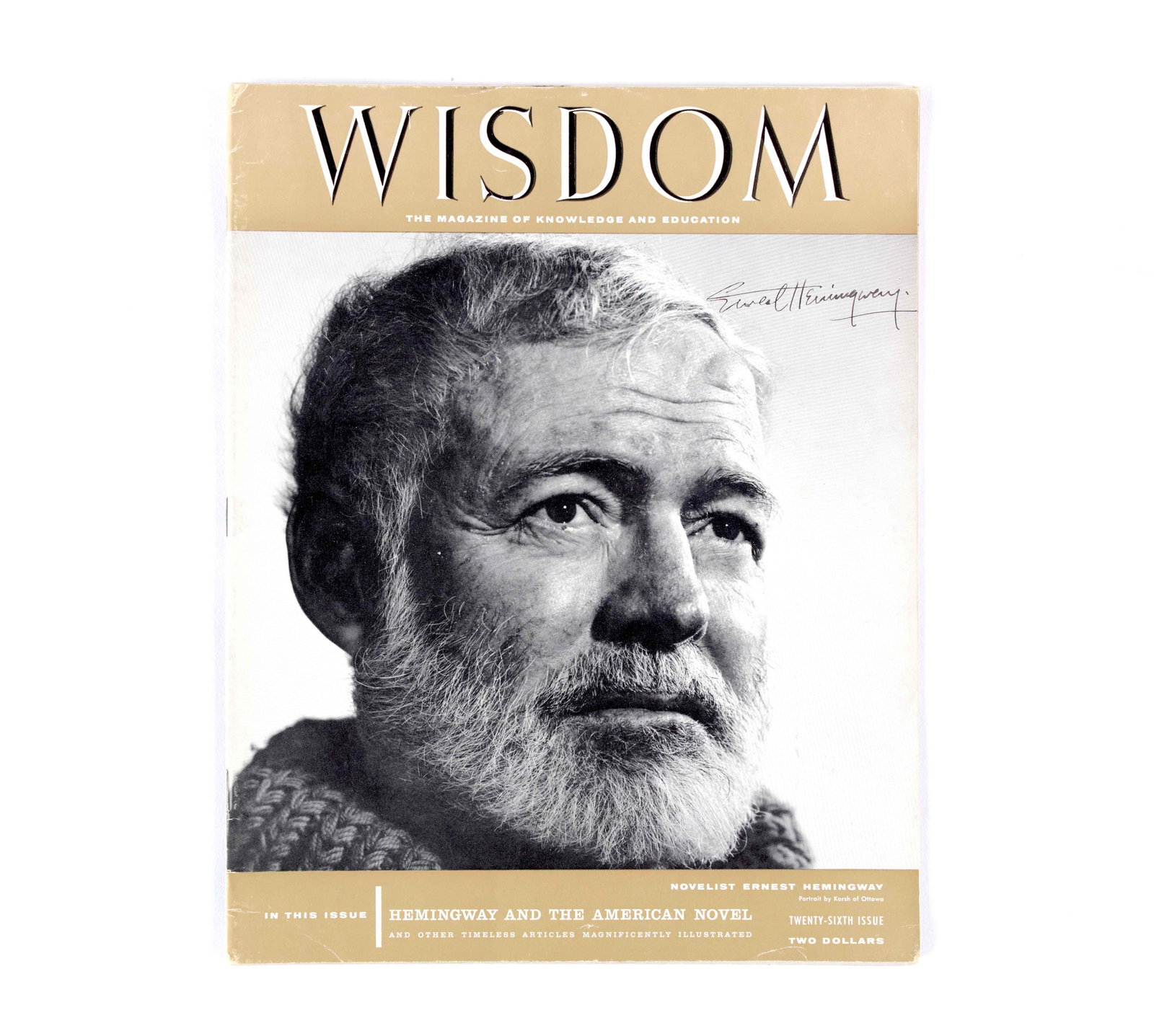 MAGAZINE "WISDOM" (JUNE 1958) BEARING SIGNATURE ATTRIBUTED TO ERNEST HEMINGWAY: The June 1958 issue of "Wisdom" Magazine, featuring a cover portrait of Ernest Hemingway. The publication includes biographical essays and photographs. The cover features the name attributed to Ernest