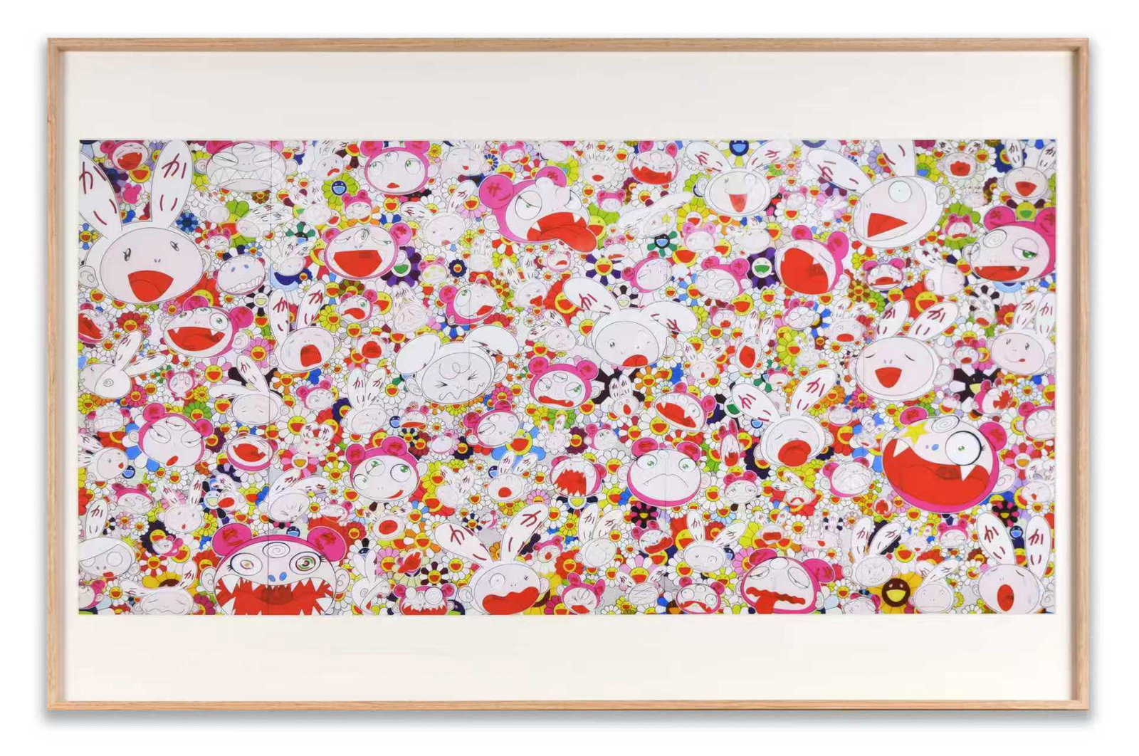 TAKASHI MURAKAMI (B. 1962), ATTRIBUTED TO, "SMILING FLOWERS AND CHARACTERS", DECORATIVE PRINT: The artwork presents a field of animated characters and stylized floral motifs in bright colors. Smiling faces and whimsical creatures overlap across the surface, creating an immersive composition. Th