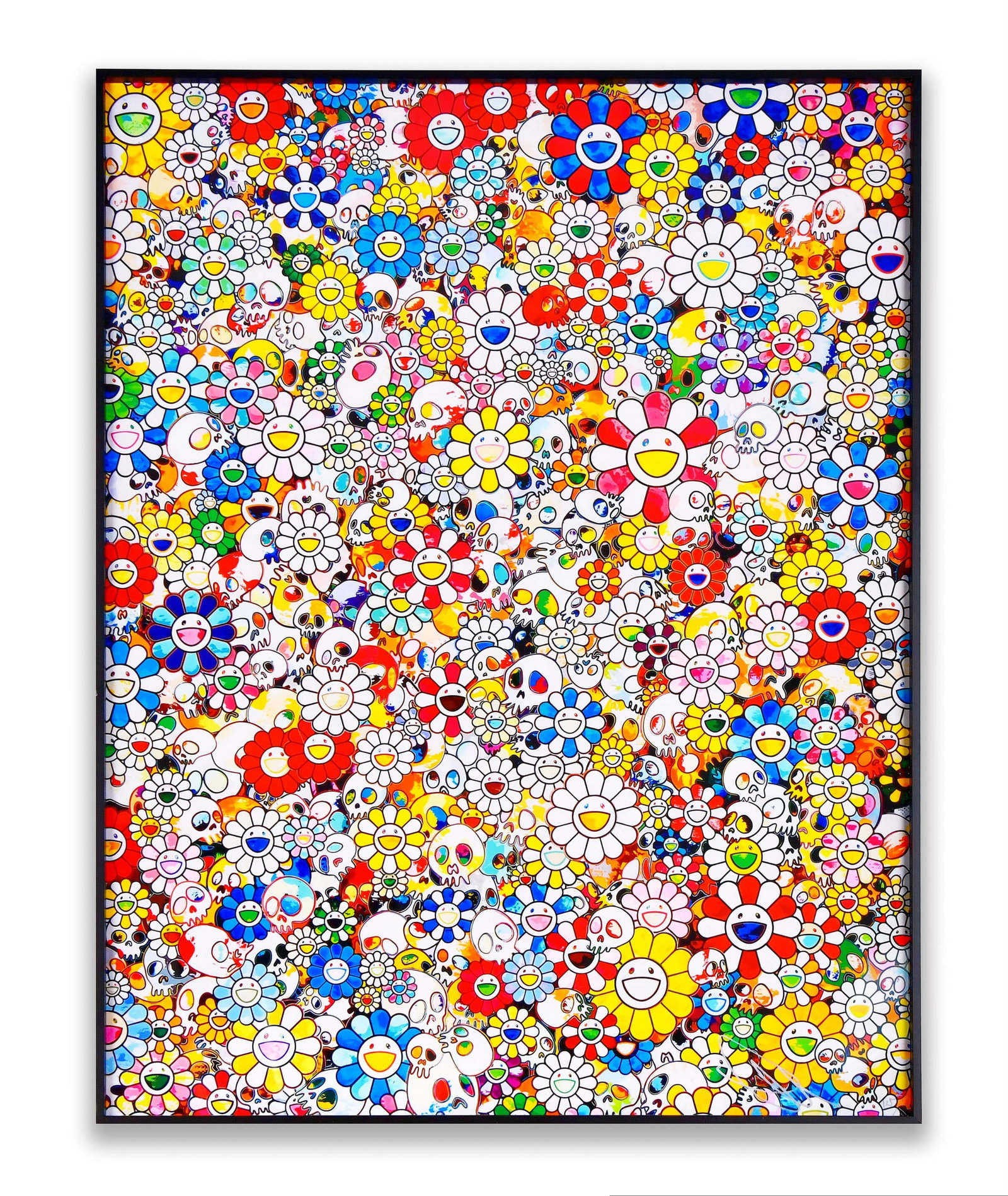 TAKASHI MURAKAMI (B. 1962), ATTRIBUTED TO, "FLOWERS AND SKULLS COMPOSITION", DECORATIVE PRINT: The artwork presents a densely packed composition filled with smiling flowers interwoven with stylized skull motifs. Saturated colors are arranged in overlapping layers. The juxtaposition of cheerful