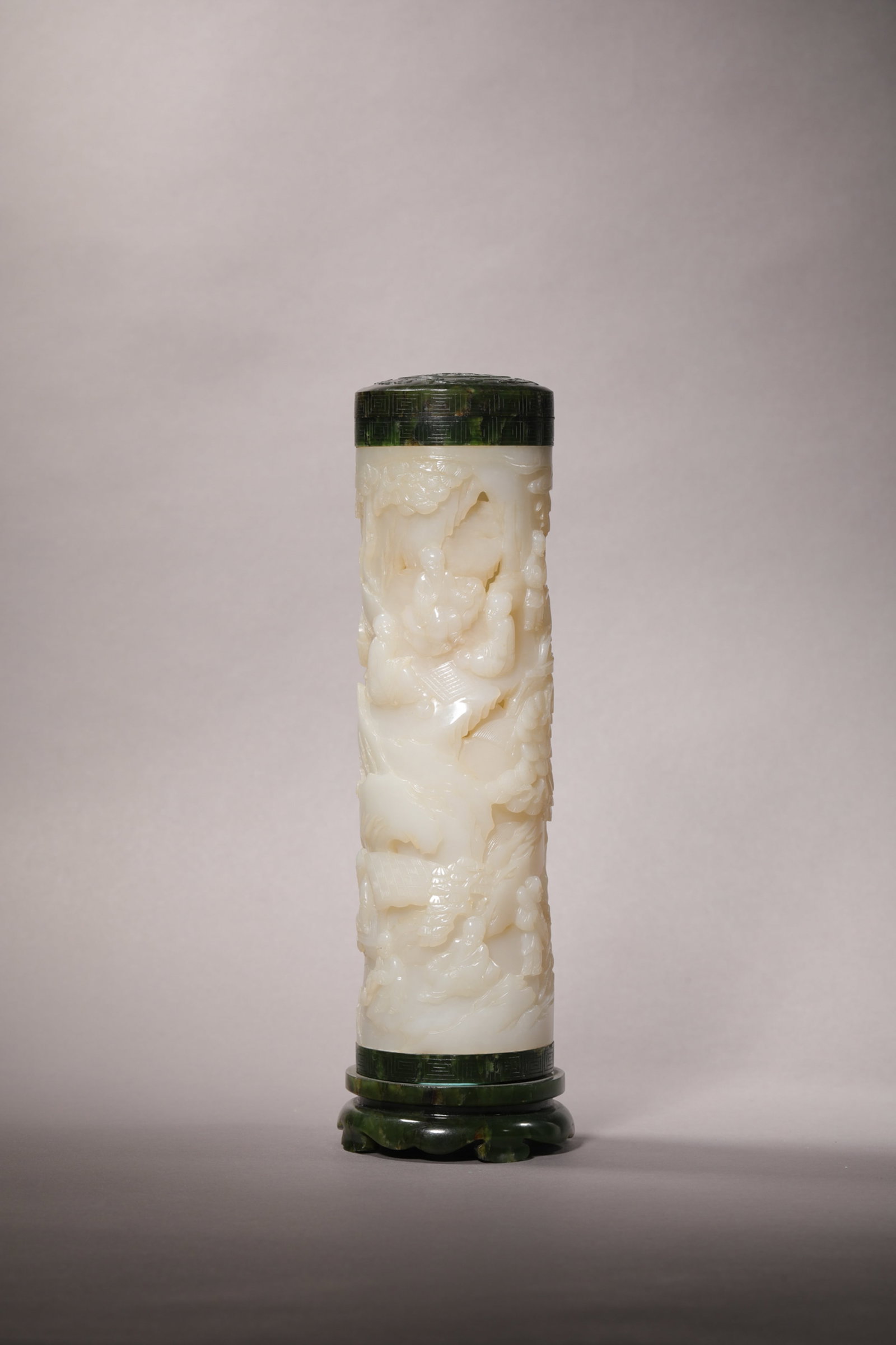 AN OPENWORK WHITE AND SPINACH-GREEN JADE 'FIGURE' INCENSE TUBE (1 of 7)