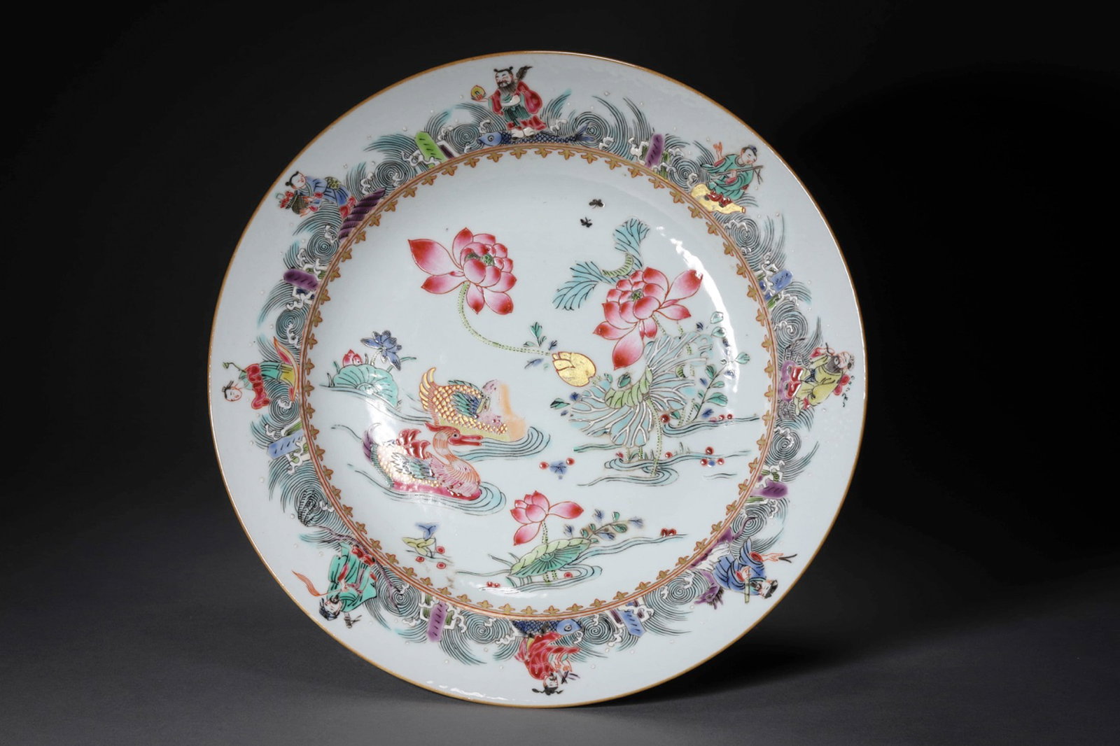 A FAMILLE ROSE 'EIGHT IMMORTALS AND MANDARIN DUCK' PLATE (1 of 3)