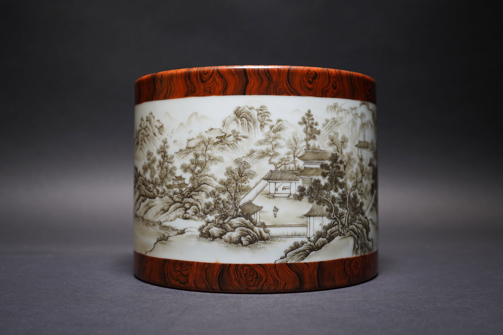 CHINESE GRISAILLE-DECORATED 'LANDSCAPE' BRUSH POT, YONGZHENG MARK (1 of 11)