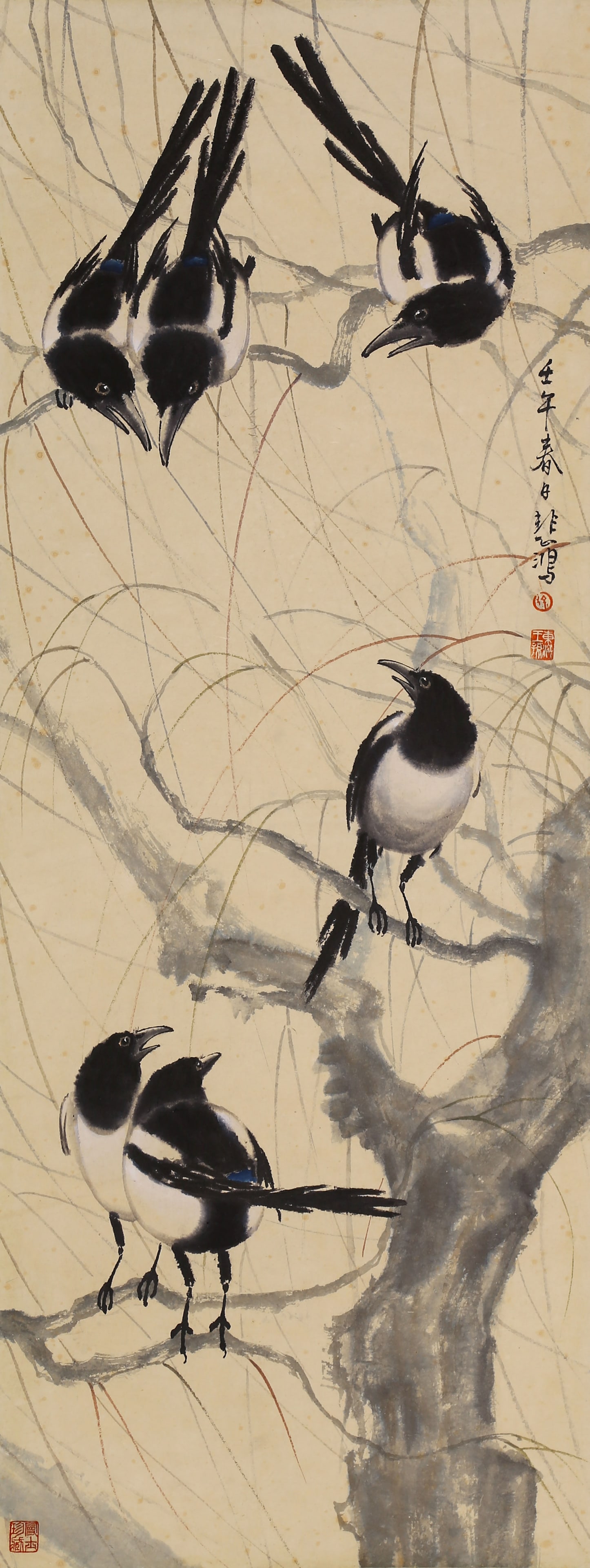 XU BEIHONG (HSU PEI-HUNG), ATTRIBUTED TO, SIX MAGPIES, HANGING SCROLL - 2