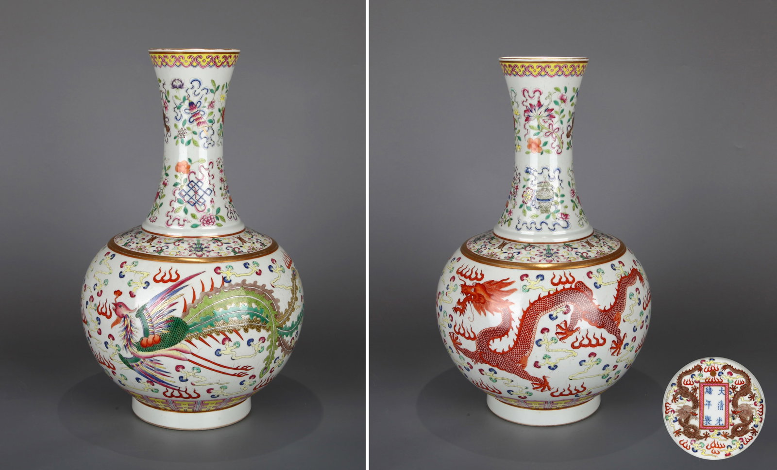 A FAMILLE-ROSE 'DRAGON AND PHOENIX' VASE: A famille-rose vase (Shangping) decorated with dragon and phoenix design. Height 40 cm, Diameter 25 cm.