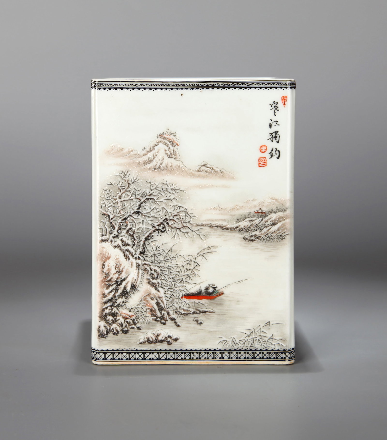 A FAMILLE-ROSE 'SNOW LANDSCAPE' SQUARE BRUSH POT: A famille-rose square brush pot decorated with snow landscape. Height 16.5 cm, Width 11.8 cm.