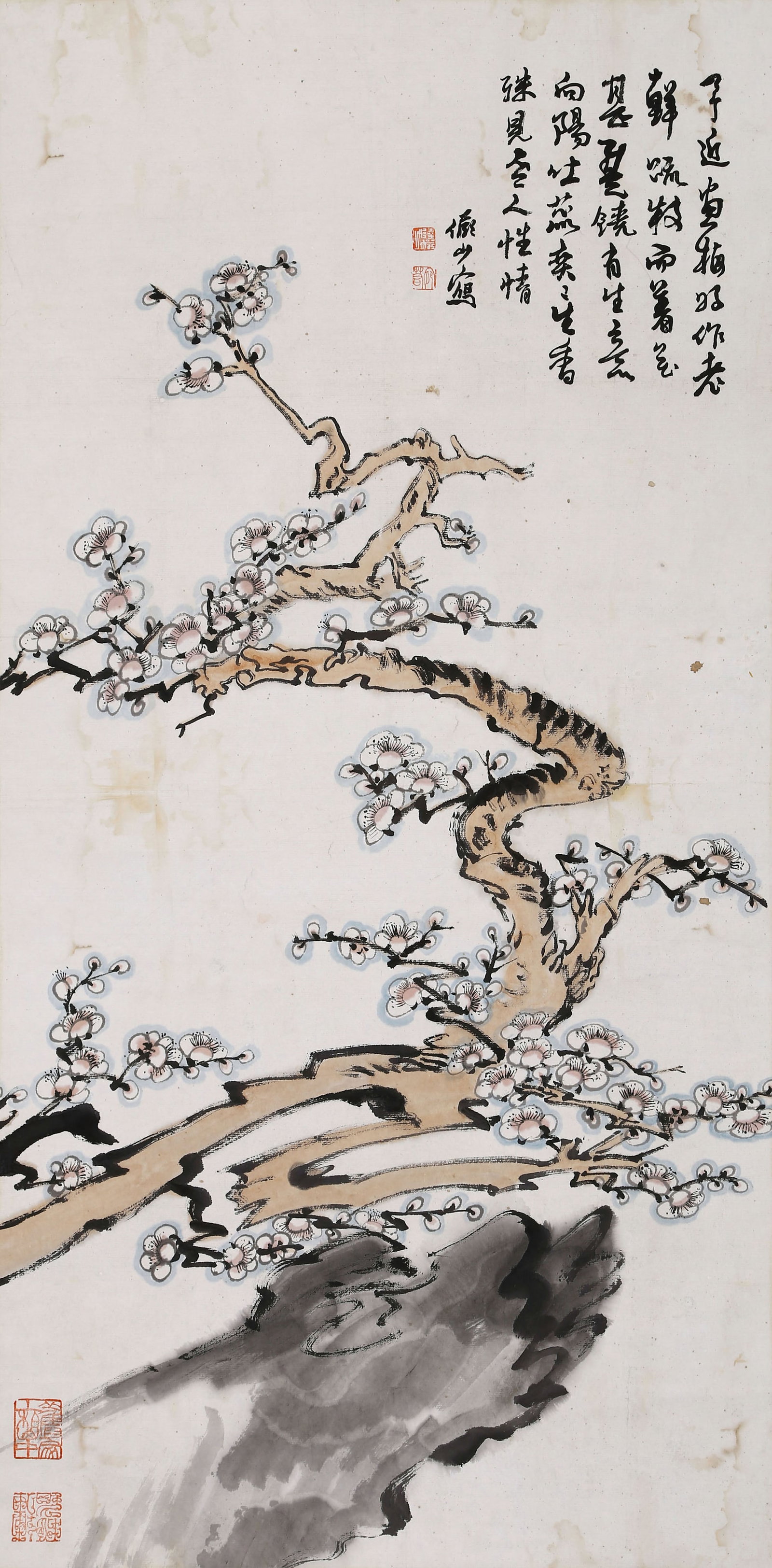 LU YANSHAO (LU YEN-SHAO), ATTRIBUTED TO, PLUM BLOSSOMS AND ROCK, HANGING SCROLL: Attributed to Lu Yanshao (Lu Yen-shao). Plum Blossoms and Rock. Ink and color on paper, hanging scroll. 97 x 46.5 cm. Condition: Creases and stains on the mounting and the painting.
