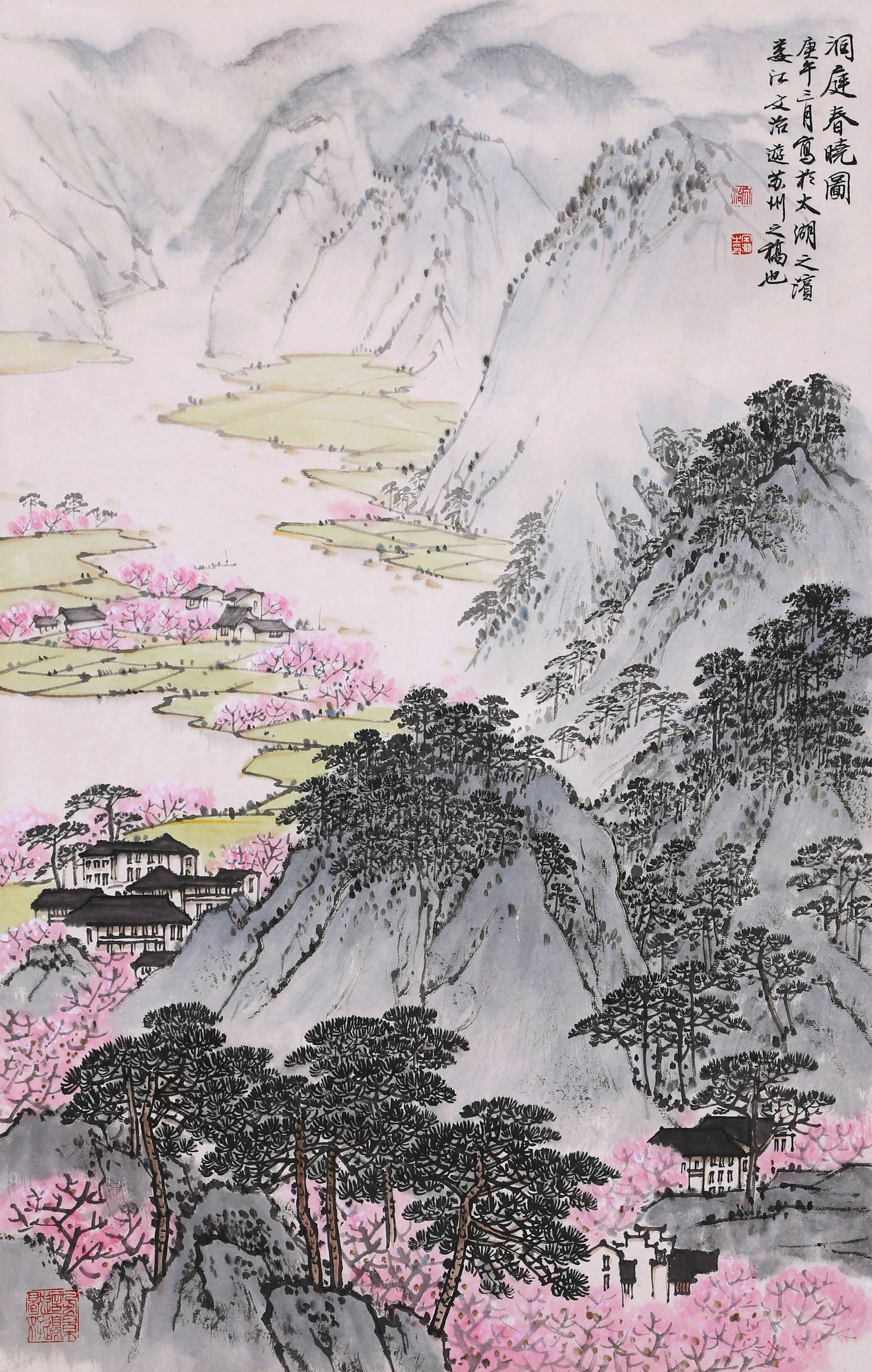 SONG WENZHI (SUNG WEN-CHIH), ATTRIBUTED TO, SPRING DAWN AT DONGTING, HANGING SCROLL: Attributed to Song Wenzhi (Sung Wen-chih). Spring Dawn at Dongting. Ink and color on paper, hanging scroll. 68.5 x 44 cm. Condition: Creases and stains on the mounting and the painting.