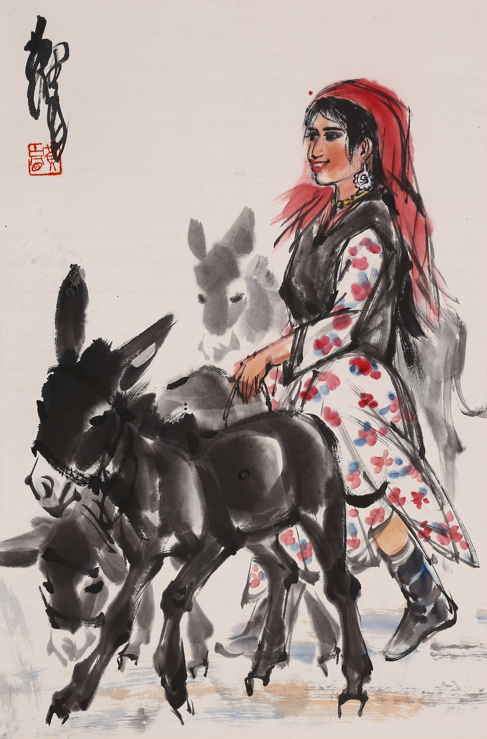 HUANG ZHOU (HUANG CHOU), ATTRIBUTED TO, DRIVING DONKEYS, MOUNTED FOR FRAMING: Attributed to Huang Zhou (Huang Chou). Driving Donkeys. Ink and color on paper, mounted for framing. 68 x 45 cm. Condition: Creases and stains on the mounting and the painting.