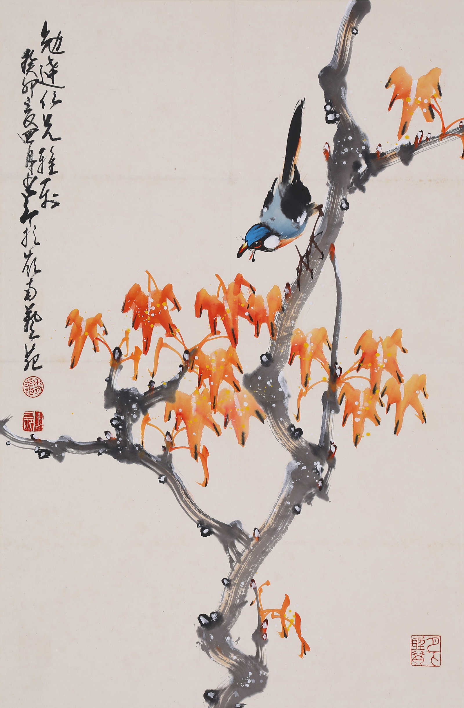 ZHAO SHAO'ANG (CHAO SHAO-ANG), ATTRIBUTED TO, BIRDS AND FLOWERS, MOUNTED FOR FRAMING: Attributed to Zhao Shao'ang (Chao Shao-ang). Birds and Flowers. Ink and color on paper, mounted for framing. 67 x 44 cm. Condition: Creases and stains on the mounting and the painting.