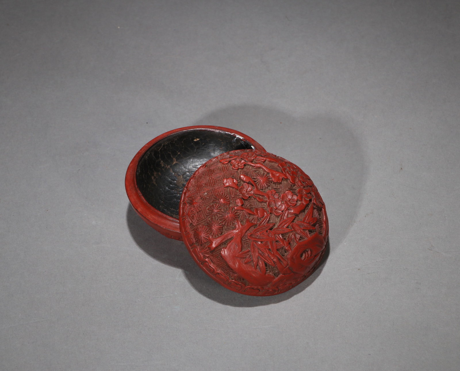 A CARVED RED LACQUER 'THREE FRIENDS OF WINTER' INCENSE BOX - 2