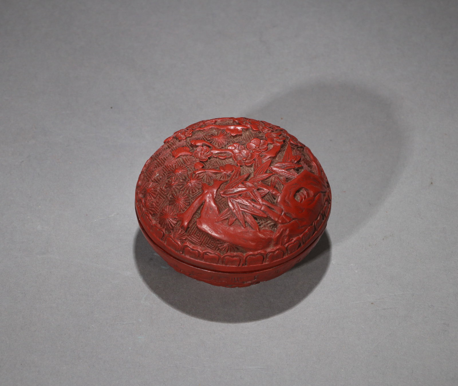 A CARVED RED LACQUER 'THREE FRIENDS OF WINTER' INCENSE BOX - 3