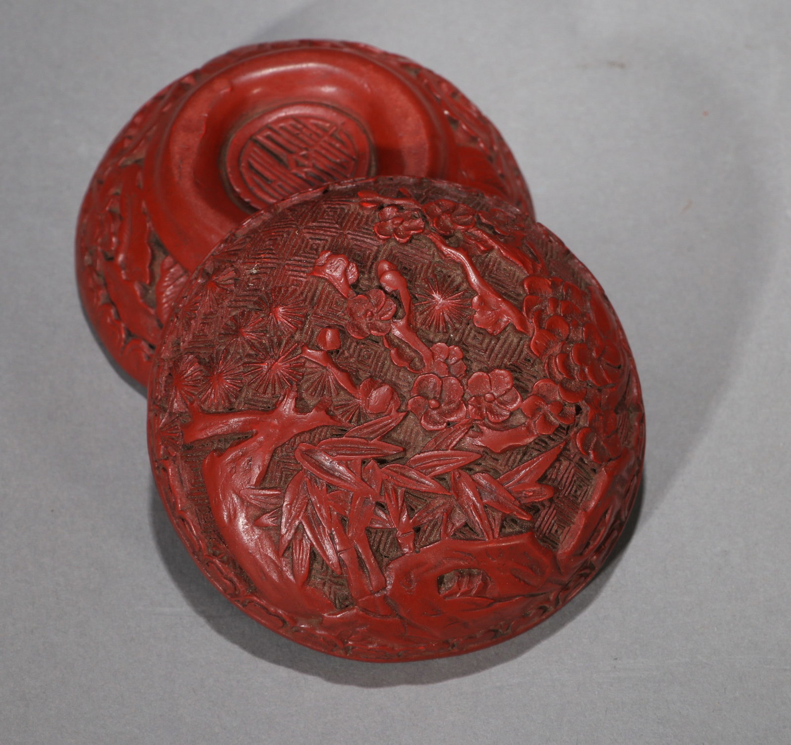 A CARVED RED LACQUER 'THREE FRIENDS OF WINTER' INCENSE BOX - 6