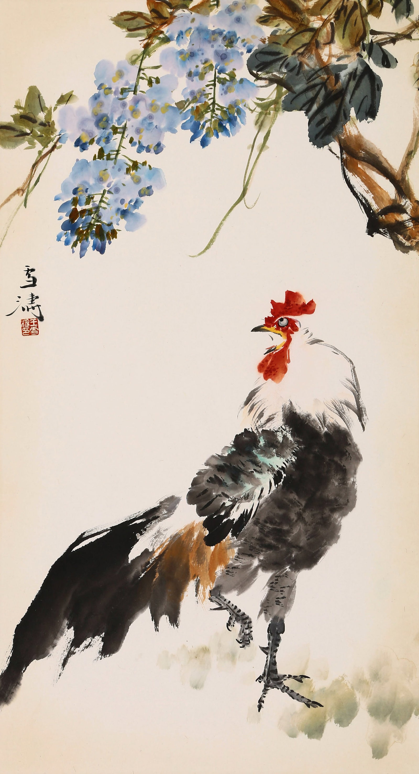 WANG XUETAO (WANG HSUEH-TAO), ATTRIBUTED TO, WISTERIA AND ROOSTER, MOUNTED FOR FRAMING (1 of 7)