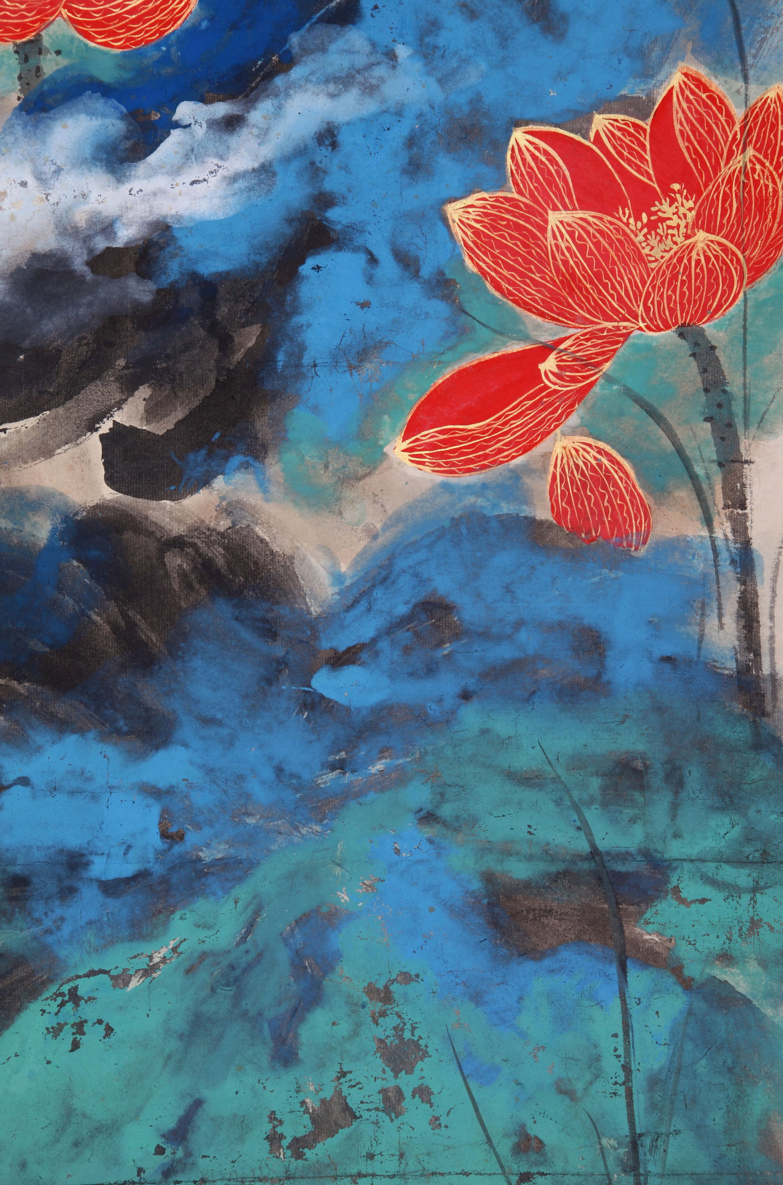 ZHANG DAQIAN (CHANG DAI-CHIEN), ATTRIBUTED TO, SPLASHED-COLOR AND GILT-DECORATED RED LOTUS, HANGING - 3