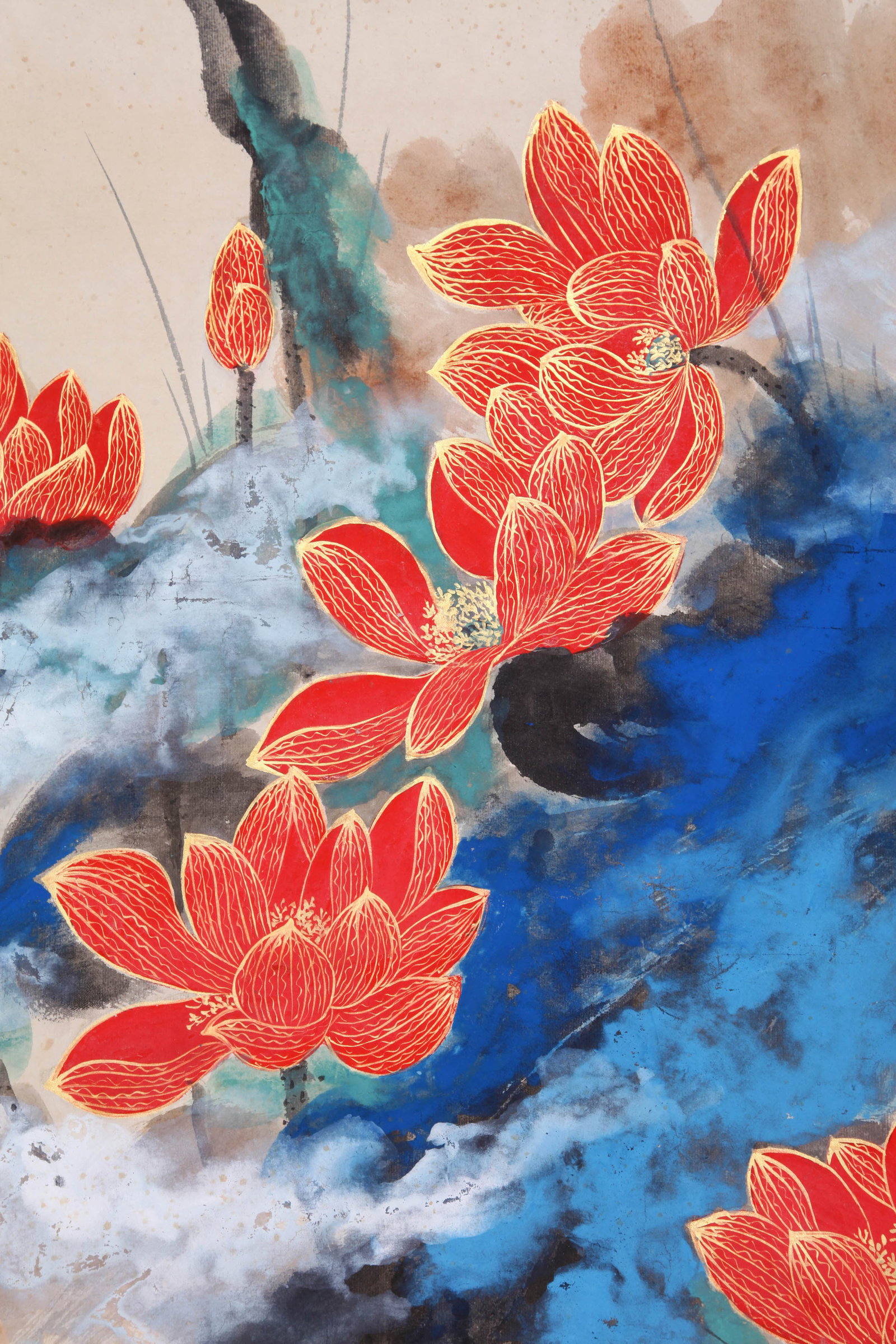 ZHANG DAQIAN (CHANG DAI-CHIEN), ATTRIBUTED TO, SPLASHED-COLOR AND GILT-DECORATED RED LOTUS, HANGING - 5