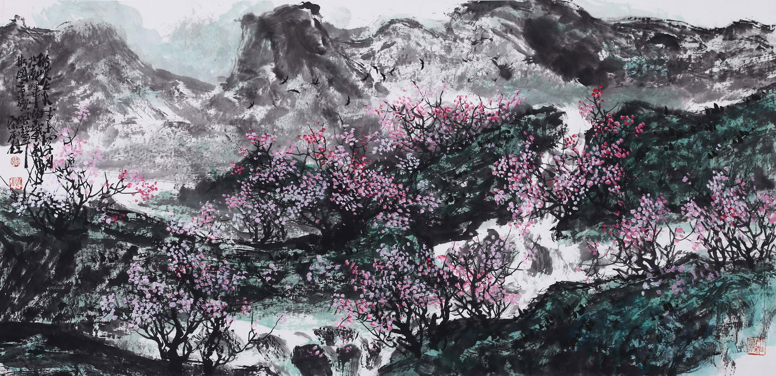 SONG YUGUI (SUNG YU-KUEI), ATTRIBUTED TO, PEACH BLOSSOM GARDEN, MOUNTED FOR FRAMING: Attributed to Song Yugui (Sung Yu-kuei). Peach Blossom Garden. Ink and color on paper, mounted for framing. 68 x 138 cm. Condition: Creases and stains on the mounting and the painting.