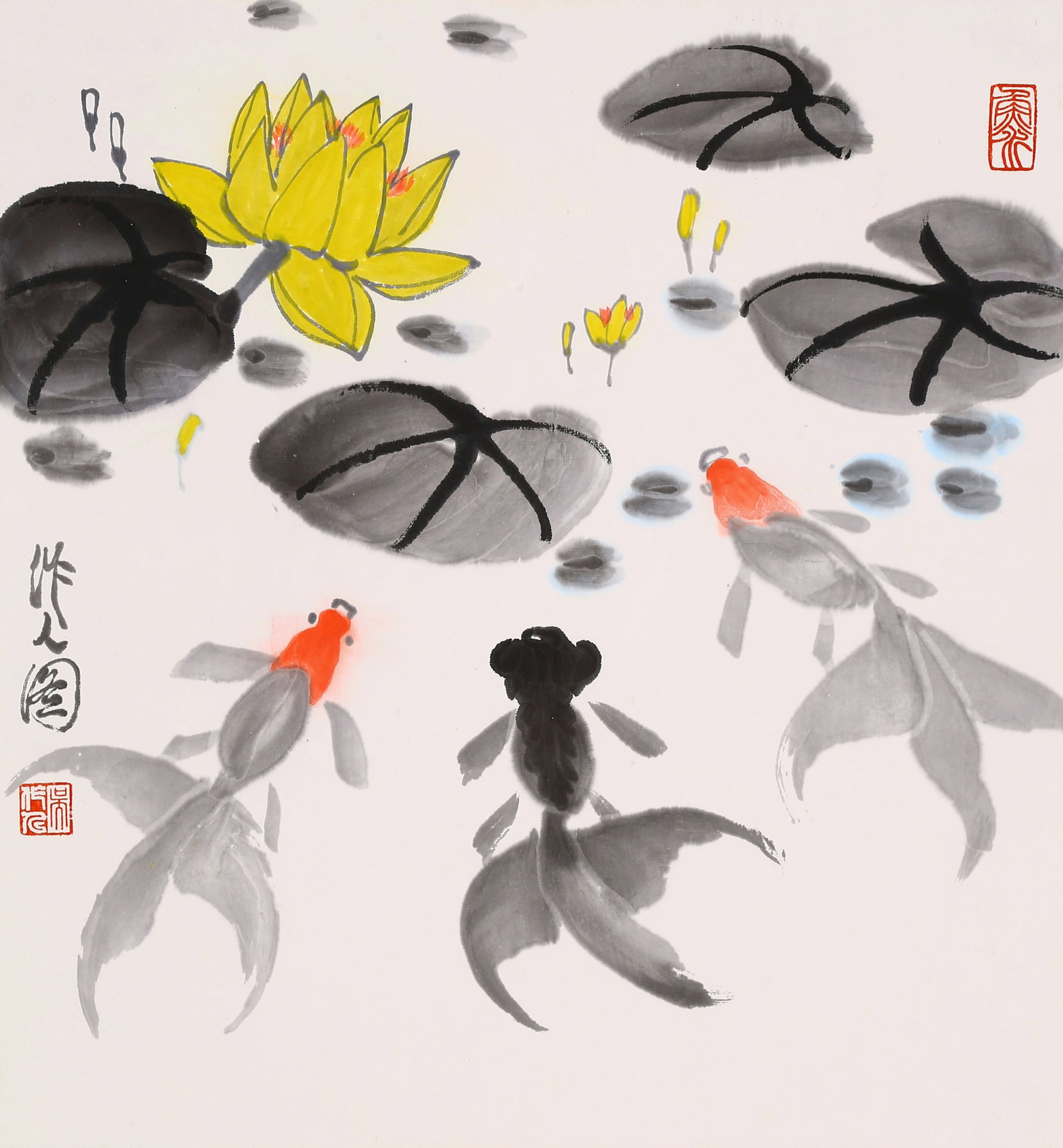 WU ZUOREN (WU TSO-JEN), ATTRIBUTED TO, FISH, MOUNTED FOR FRAMING: Attributed to Wu Zuoren (Wu Tso-jen). Fish. Ink and color on paper, mounted for framing. 48 x 45 cm. Condition: Creases and stains on the mounting and the painting.