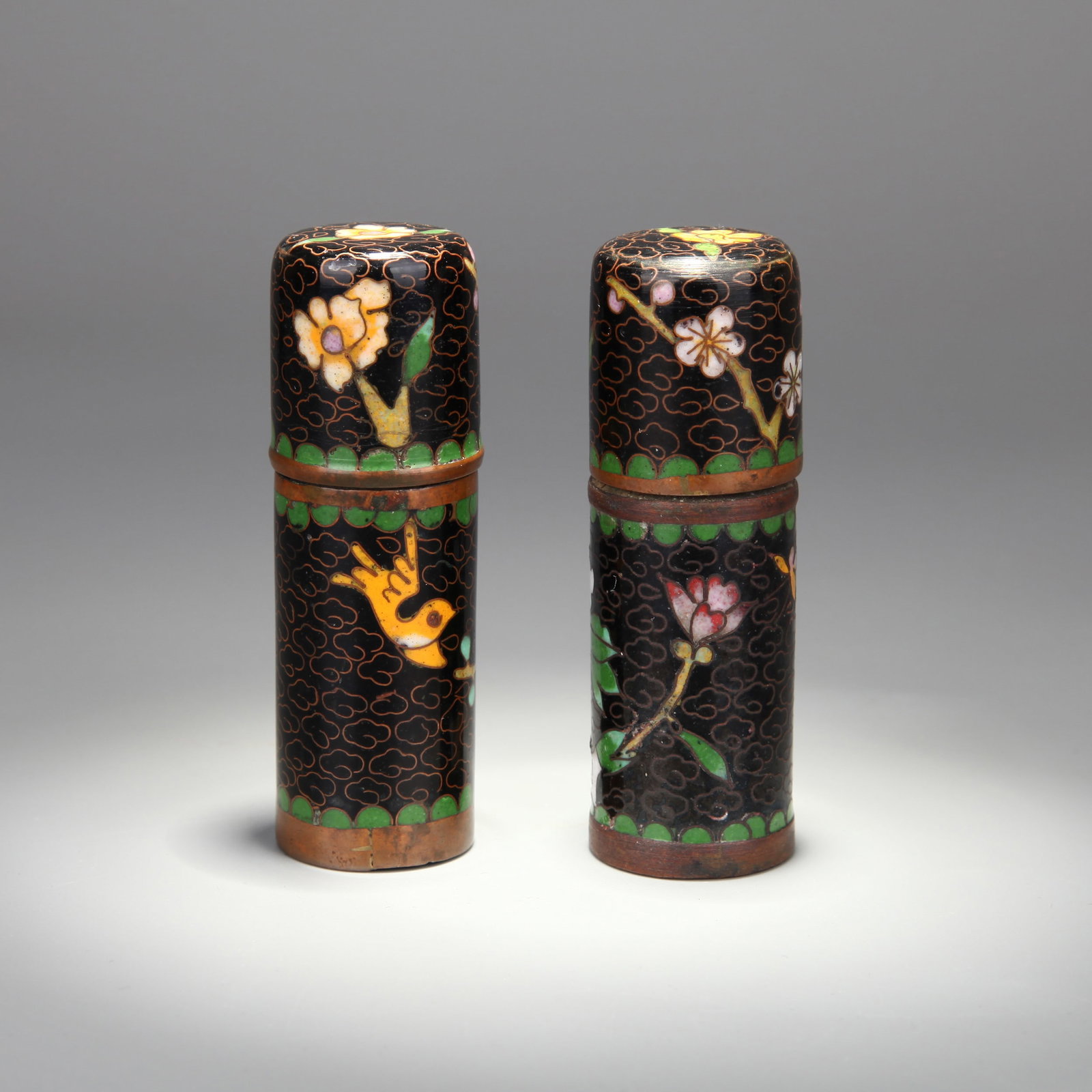 A PAIR OF CLOISONNE ENAMEL 'FLORAL' INCENSE CYLINDERS - 2