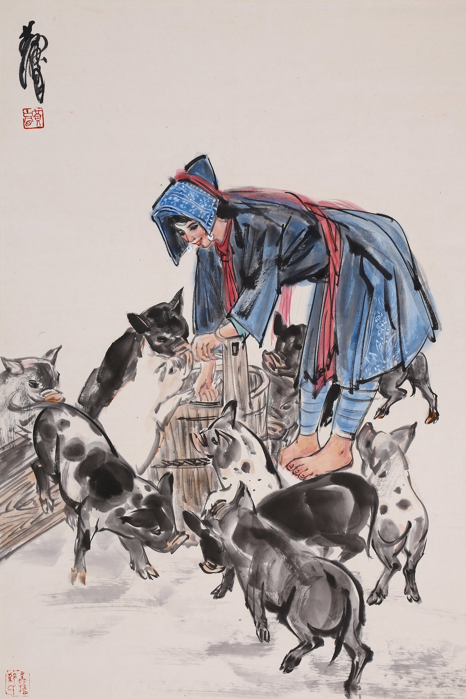 HUANG ZHOU (HUANG CHOU), ATTRIBUTED TO, FIGURE AND PIGS, MOUNTED FOR FRAMING: Attributed to Huang Zhou (Huang Chou). Figure and Pigs (Si Shi Tu). Ink and color on paper, mounted for framing. 101 x 68 cm. Condition: Creases and stains on the mounting and the painting.