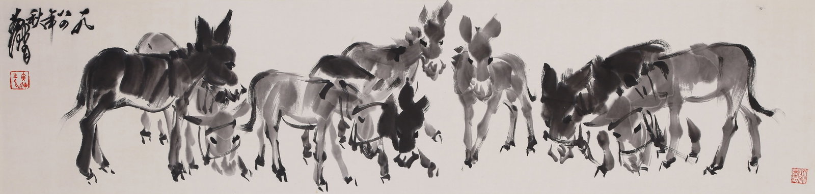 HUANG ZHOU (HUANG CHOU), ATTRIBUTED TO, DONKEYS, MOUNTED FOR FRAMING: Attributed to Huang Zhou (Huang Chou). Donkeys. Ink and color on paper, mounted for framing. 33 x 137 cm. Condition: Creases and stains on the mounting and the painting.