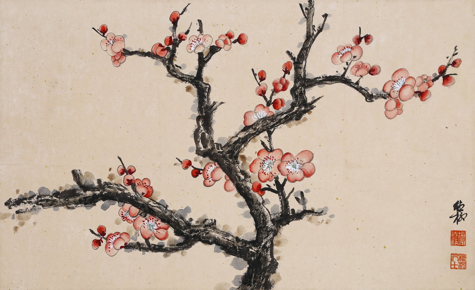 XIE ZHILIU (HSIE CHIH-LIU), ATTRIBUTED TO, RED PLUM BLOSSOMS, MOUNTED FOR FRAMING: Attributed to Xie Zhiliu (Hsie Chih-liu). Red Plum Blossoms. Ink and color on paper, mounted for framing. 31 x 51 cm. Condition: Creases and stains on the mounting and the painting.