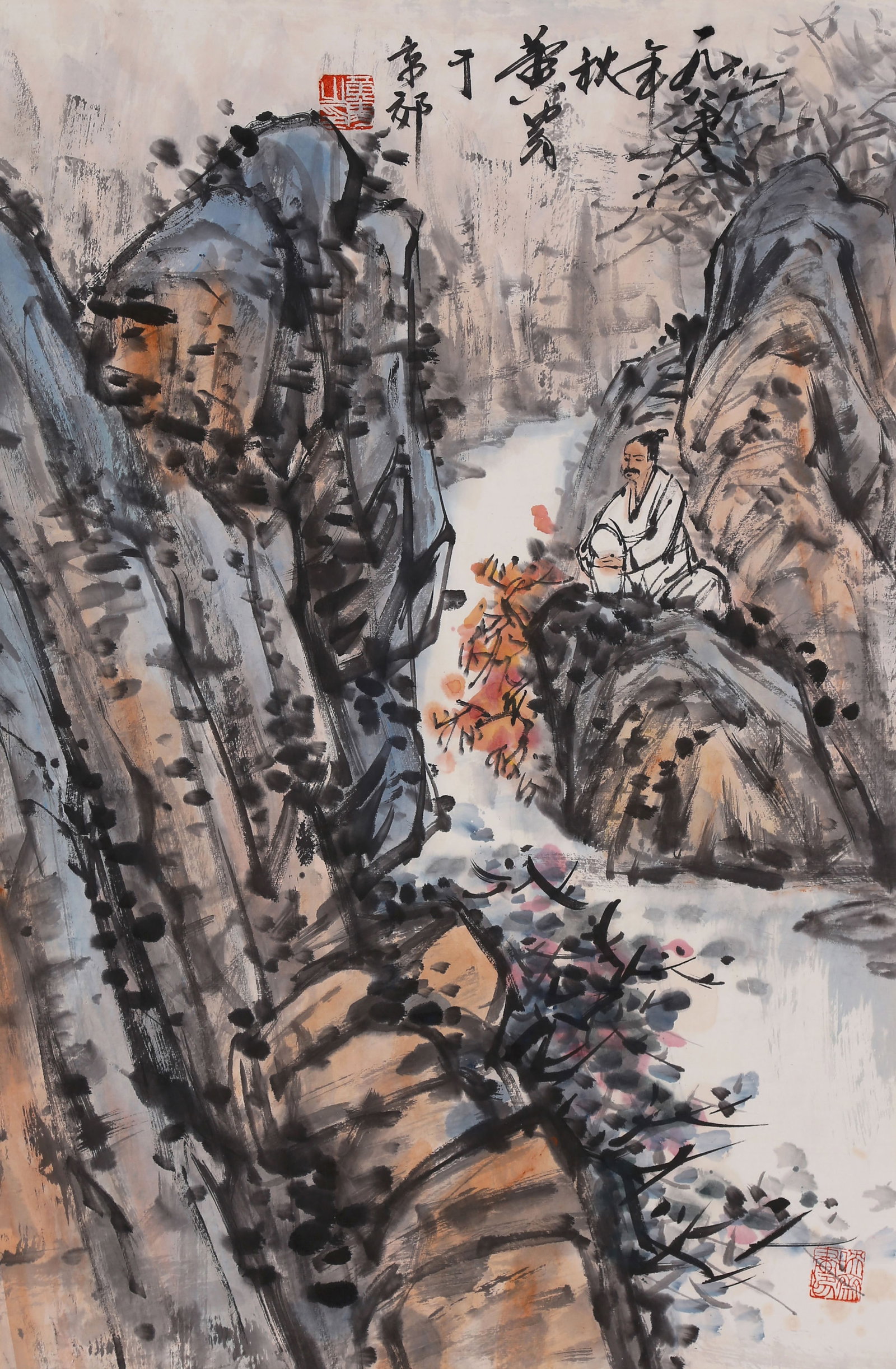 HUANG ZHOU (HUANG CHOU), ATTRIBUTED TO, LANDSCAPE AND FIGURES, MOUNTED FOR FRAMING: Attributed to Huang Zhou (Huang Chou). Landscape and Figures. Ink and color on paper, mounted for framing. 67 x 44 cm. Condition: Creases and stains on the mounting and the painting.