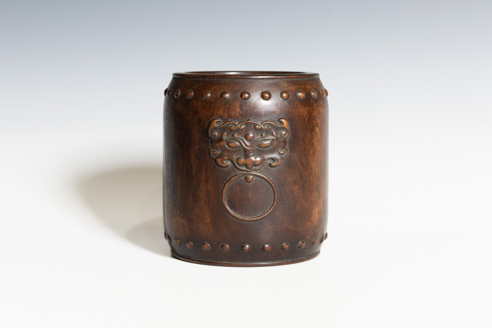 A CHINESE WOOD DRUM-SHAPED BRUSH POT - 3
